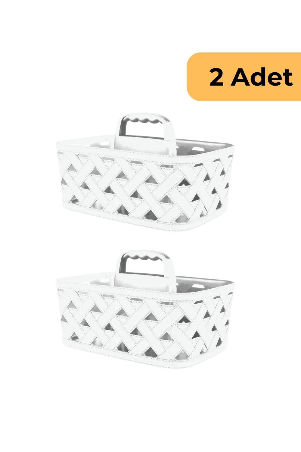 Decobella Deri Desenli Saplı Sepet, 2'li Set, Beyaz