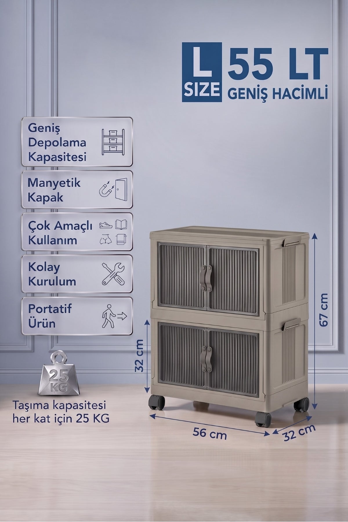 Evle Katlanabilir 2 Katlı "Large" 55 LT Tekerlekli Manyetik Kapaklı Portatif Saklama Dolabı Beyaz