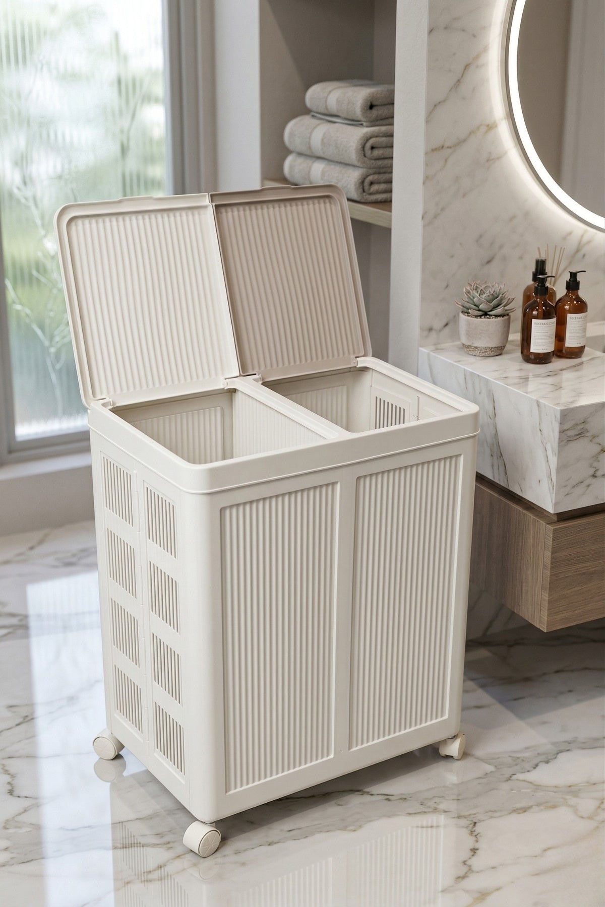 Evle 2 Bölmeli Tekerlekli 50 + 50 litre Kapaklı Çamaşır Sepeti, Kirli Sepeti / Gri