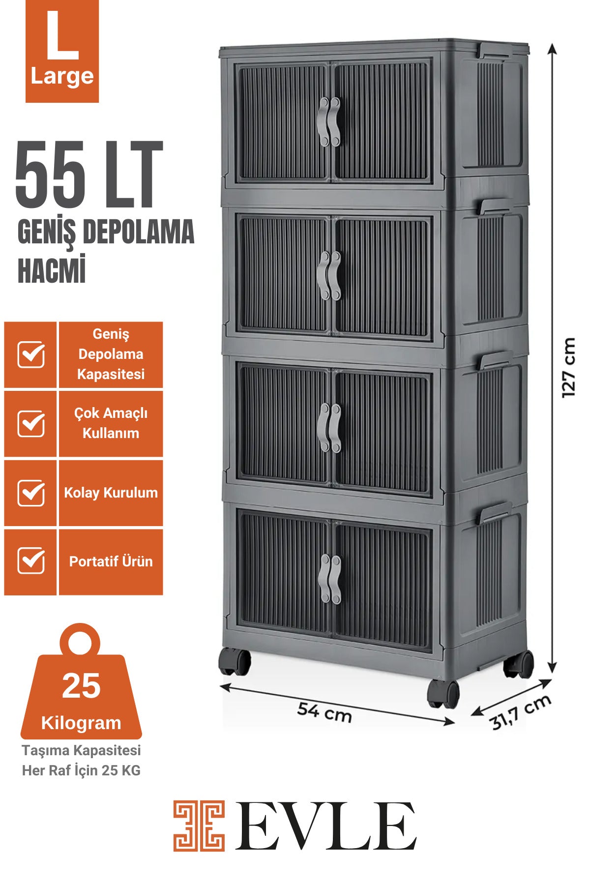 Evle Katlanabilir Modüler Dolap 4 lü 54 cm x 31,7 cm x 127 cm