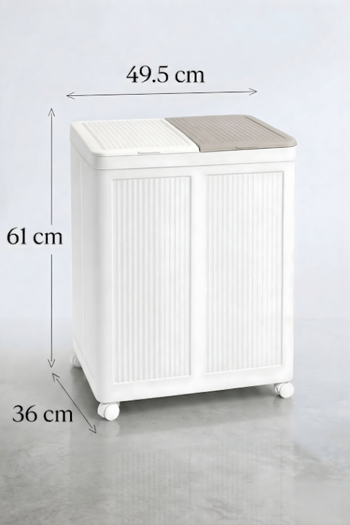 Evle 2 Bölmeli Tekerlekli 50 + 50 litre Kapaklı Çamaşır Sepeti, Kirli Sepeti / Gri