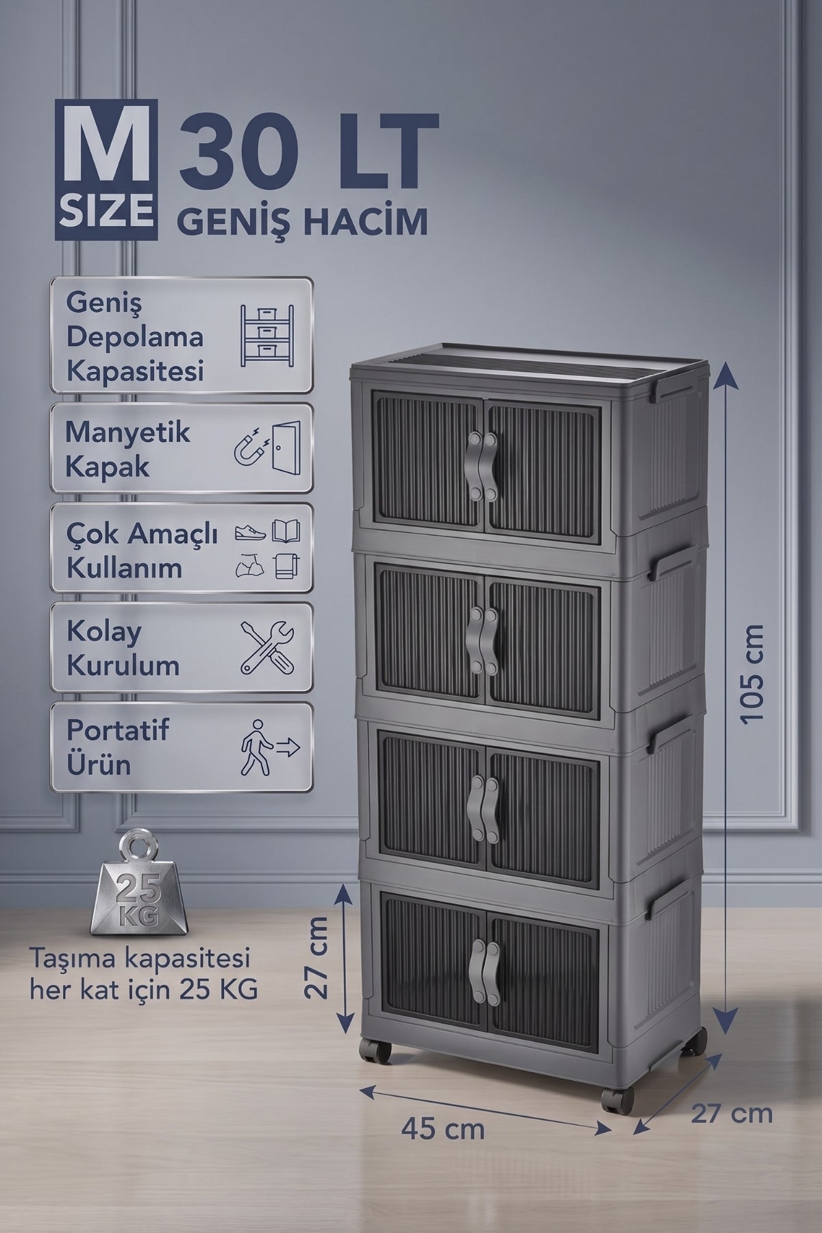 Evle Katlanabilir 4 Katlı "Medium" 30 LT Tekerlekli Manyetik Kapaklı Portatif Saklama Dolabı Toprak
