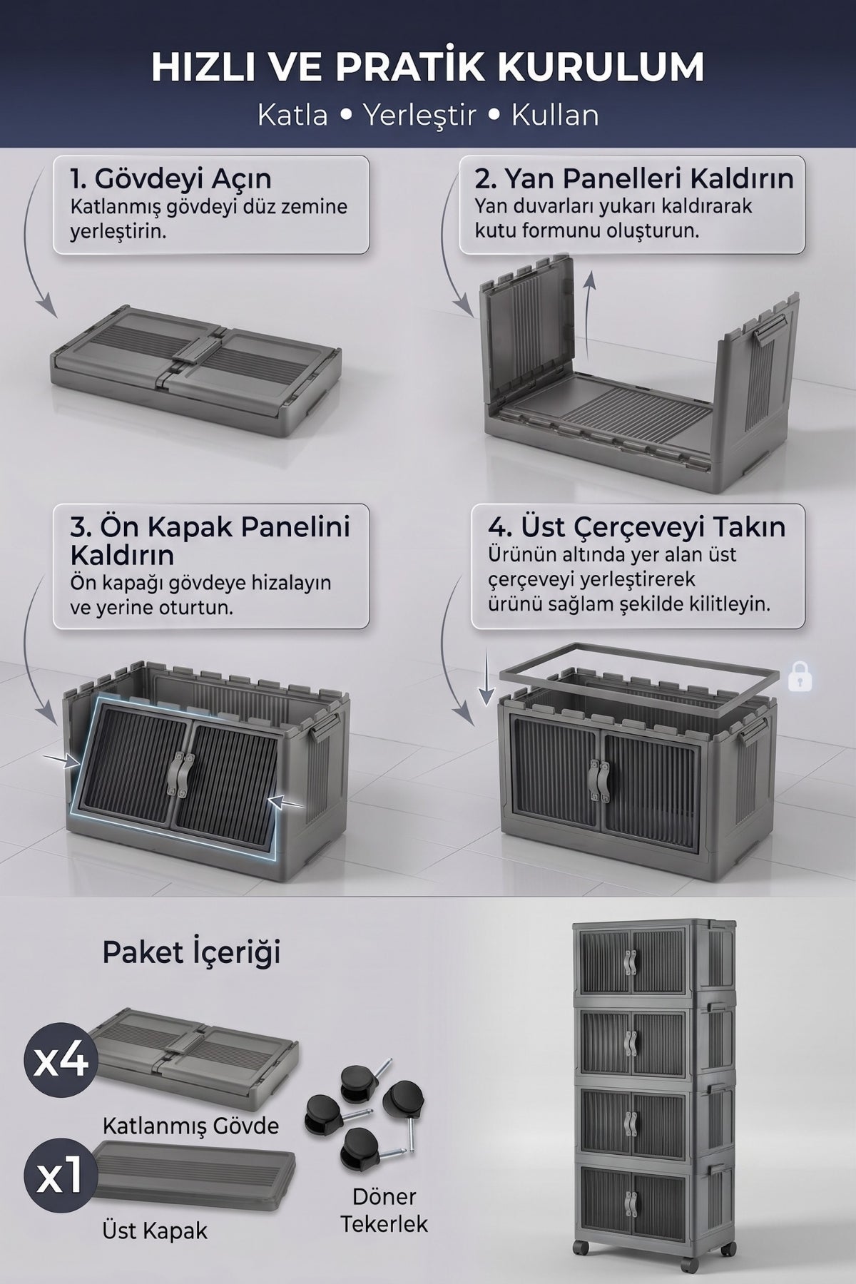Evle Katlanabilir 4 Katlı "Medium" 30 LT Tekerlekli Manyetik Kapaklı Portatif Saklama Dolabı Toprak
