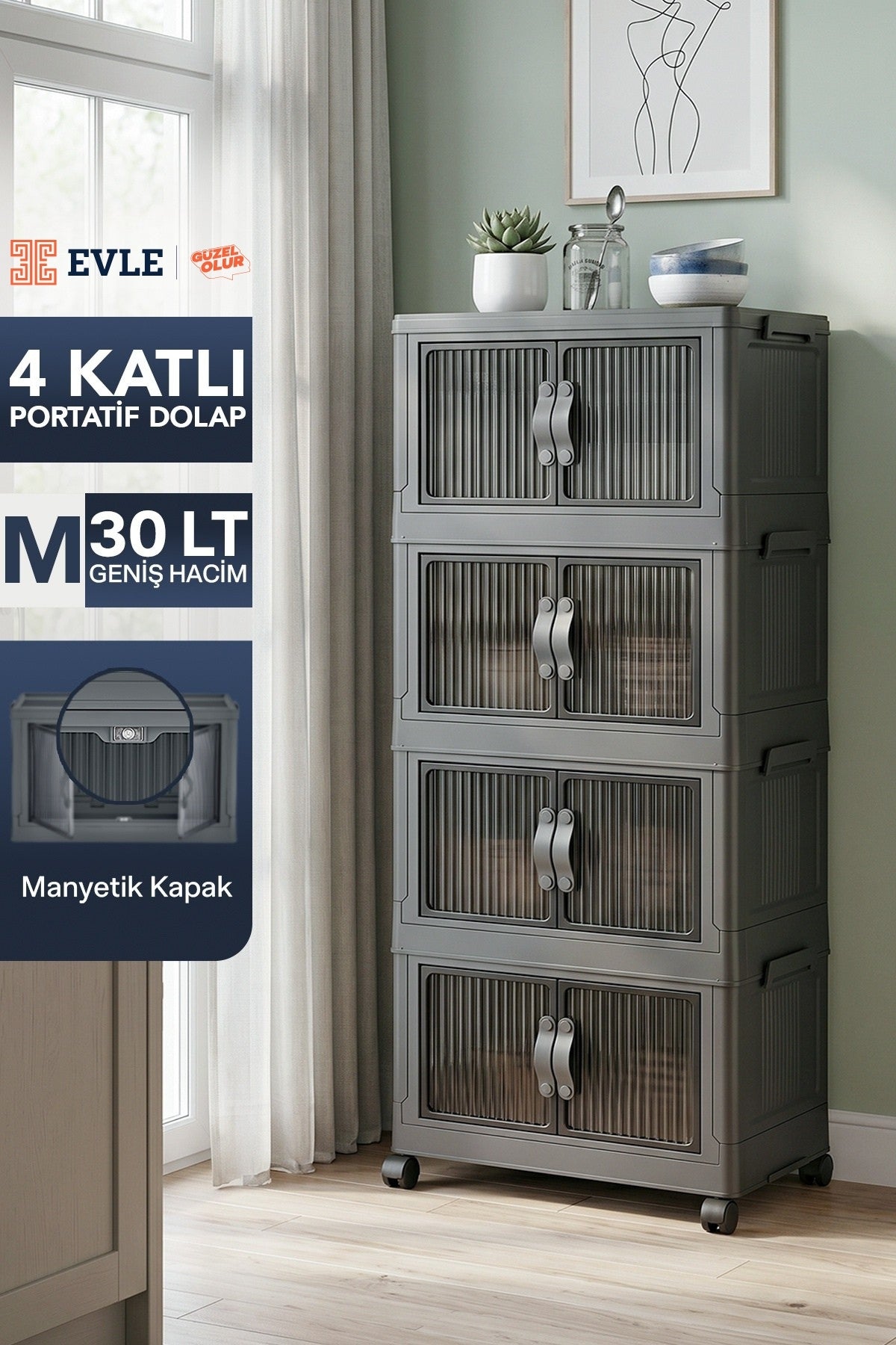 Evle Katlanabilir 4 Katlı "Medium" 30 LT Tekerlekli Manyetik Kapaklı Portatif Saklama Dolabı Toprak