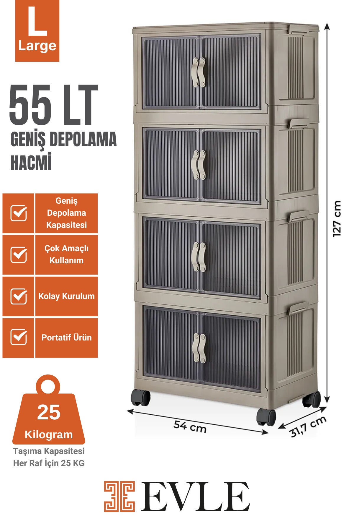 Evle Katlanabilir Modüler Dolap 4 lü 54 cm x 31,7 cm x 127 cm