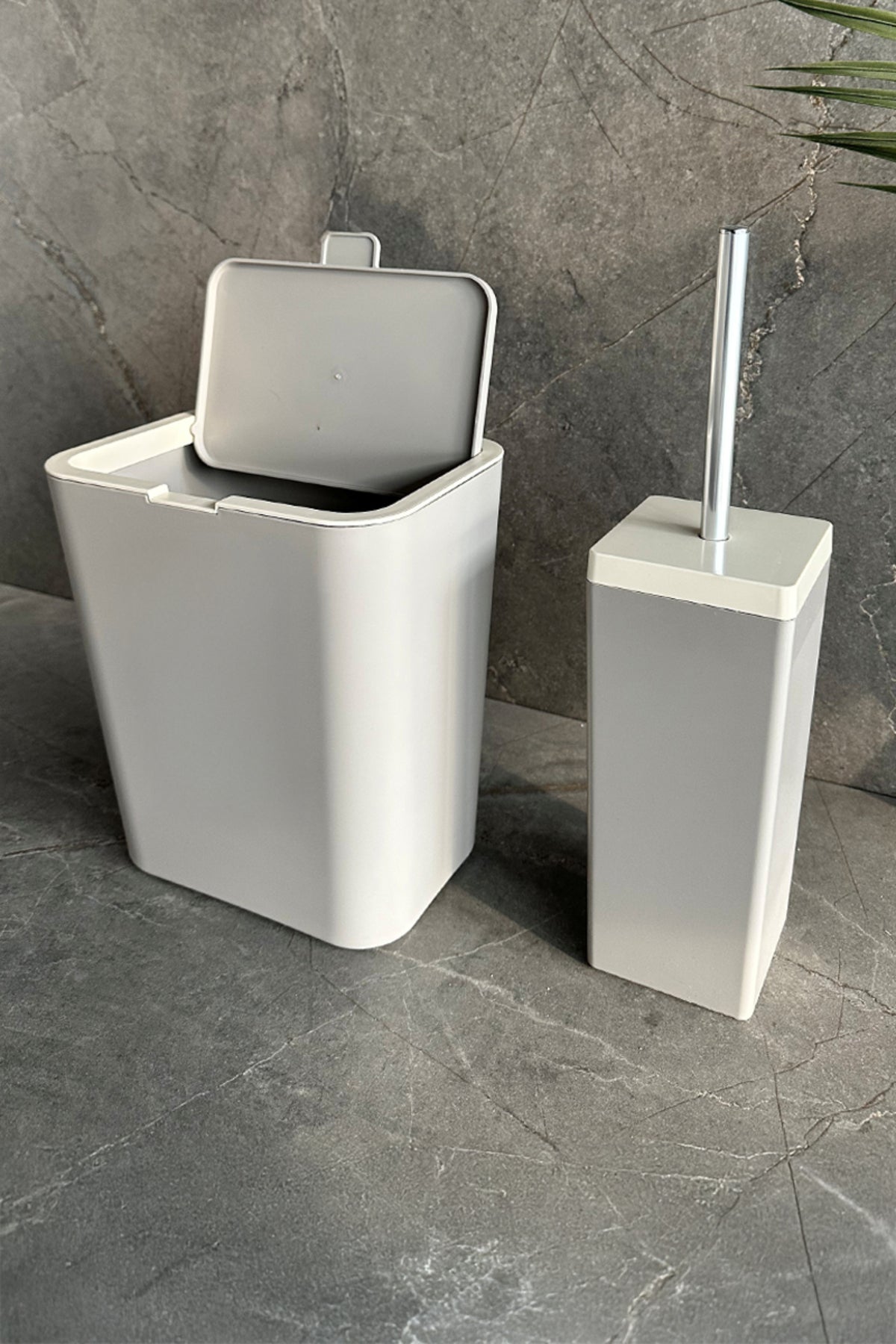 Primanova Flip 2'li Banyo Seti Çöp kovası Tuvalet Fırçası - Kum Beji