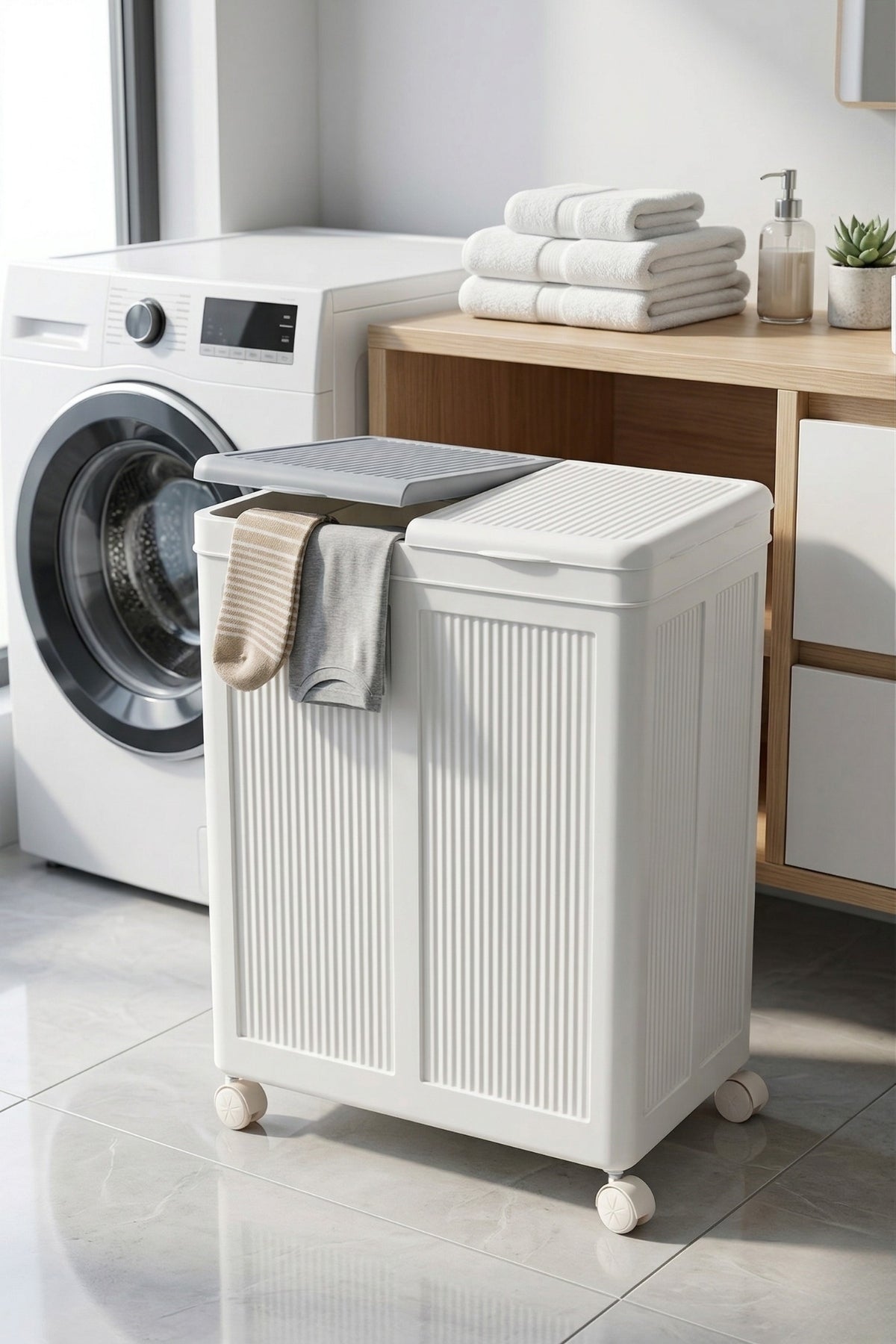 Evle 2 Bölmeli Tekerlekli 50 + 50 litre Kapaklı Çamaşır Sepeti, Kirli Sepeti / Gri