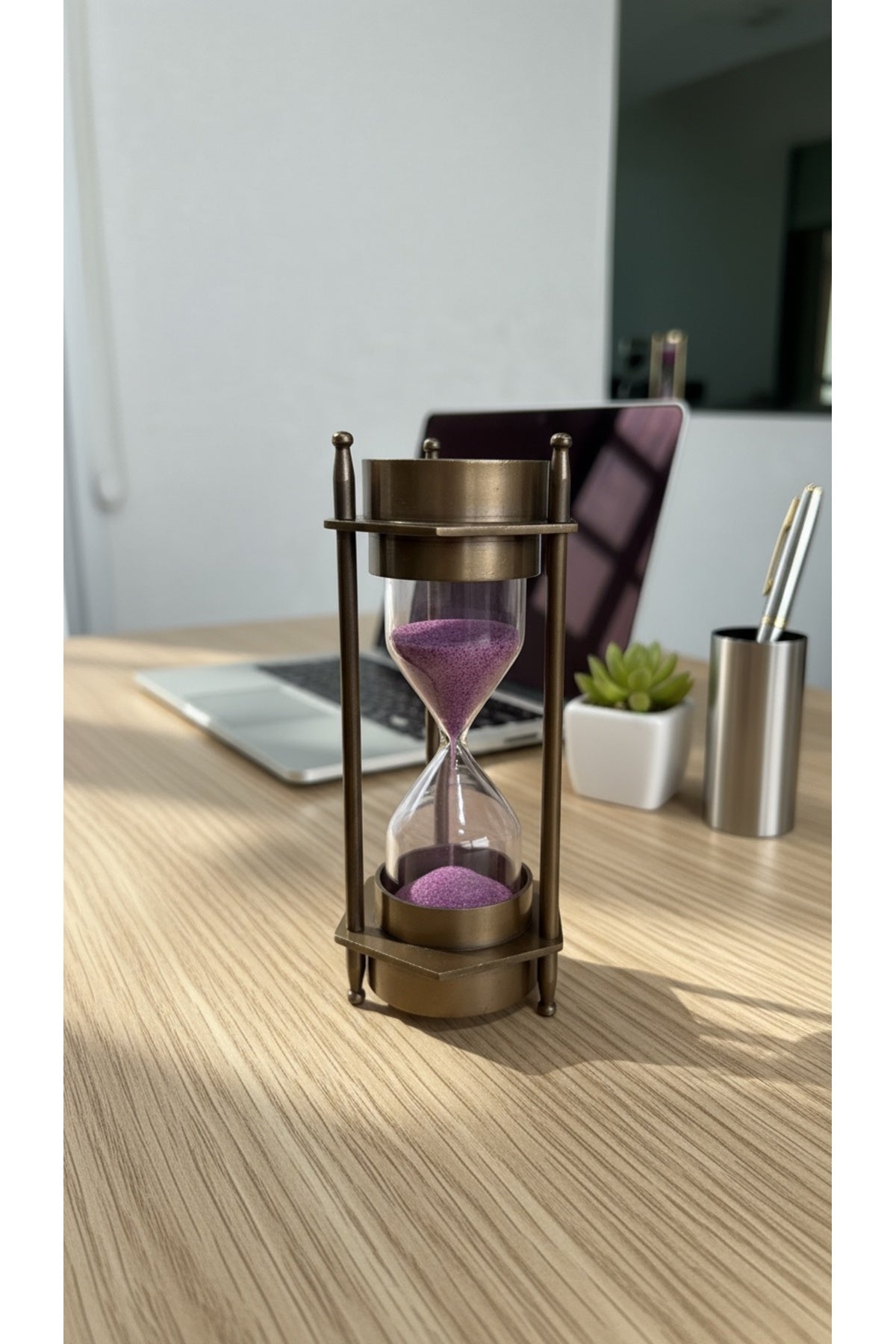 Evle Eskitme Metal Çift Pusulalı Kum Saati 12 cm Mor Kumlu Dekoratif Vintage Masaüstü Aksesuar Hediyelik