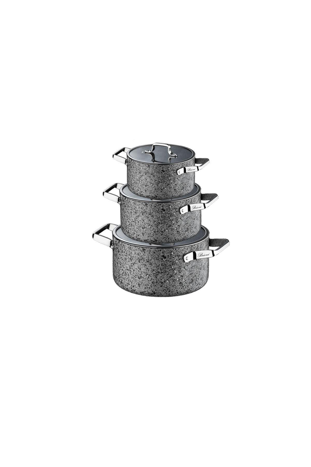 Brioni Stone-Age 6 Parça Çizilmez Yanmaz Yapışmaz İndüksiyonlu Midi Tencere Seti 16 cm,18 cm, 20 cm