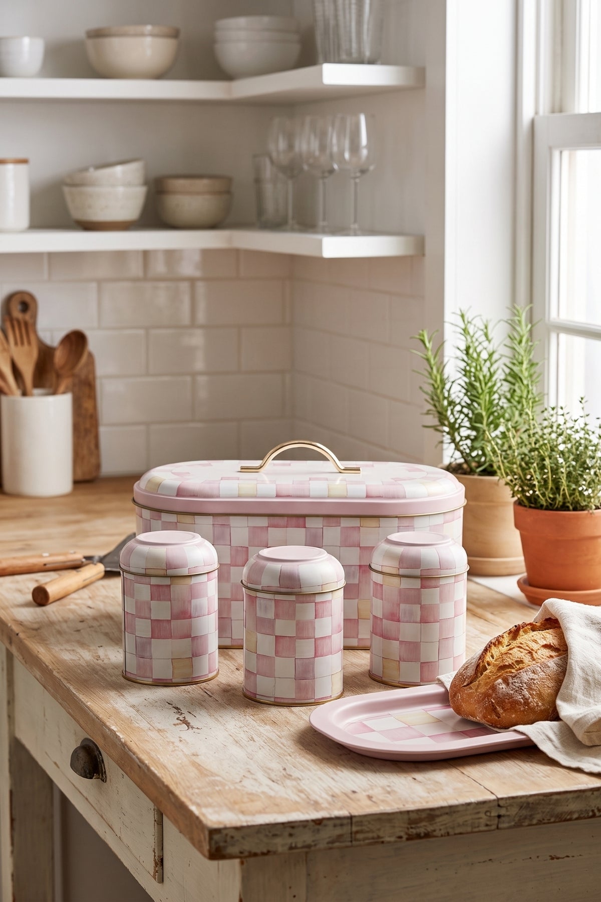 Evle 5 Parça Metal Mutfak Seti Ekmek Kutusu, Baton Tepsi ve 3'lü Saklama Kutusu Seti Pink Checkers
