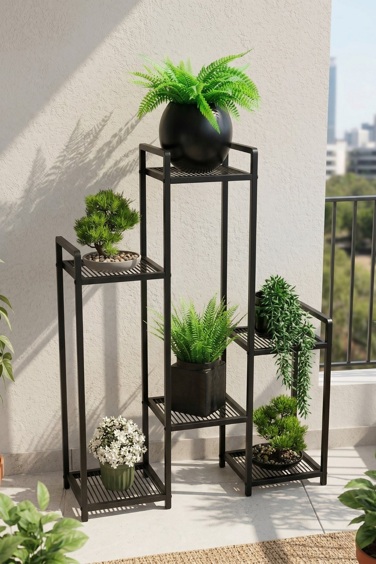 Evle 6 Raflı Siyah Metal Çiçeklik & Saksılık - Modern Dekoratif Balkon ve Salon Bitki Standı