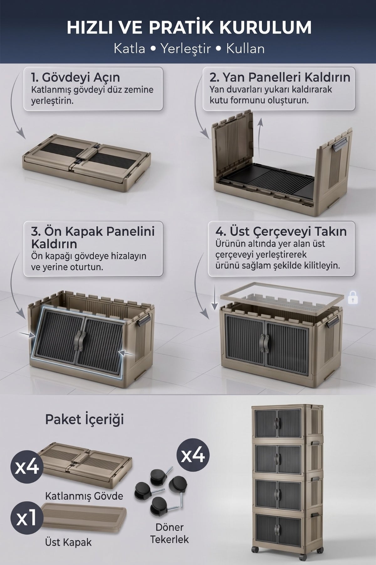 Evle Katlanabilir 4 Katlı "Medium" 30 LT Tekerlekli Manyetik Kapaklı Portatif Saklama Dolabı Toprak