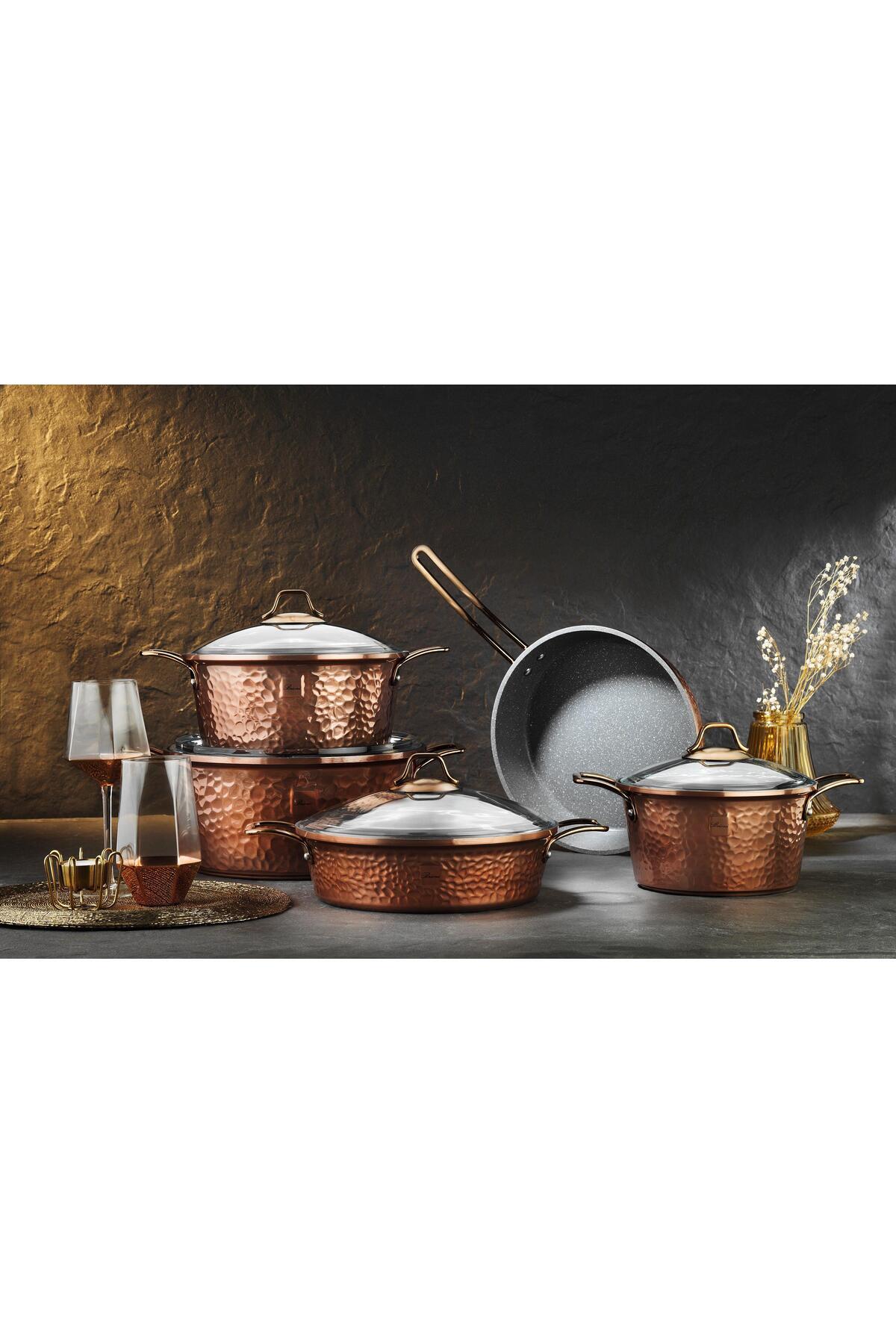 Brioni Copper 9 Parça Yanmaz Yapışmaz Bakır Görünümlü Granit Tencere Seti