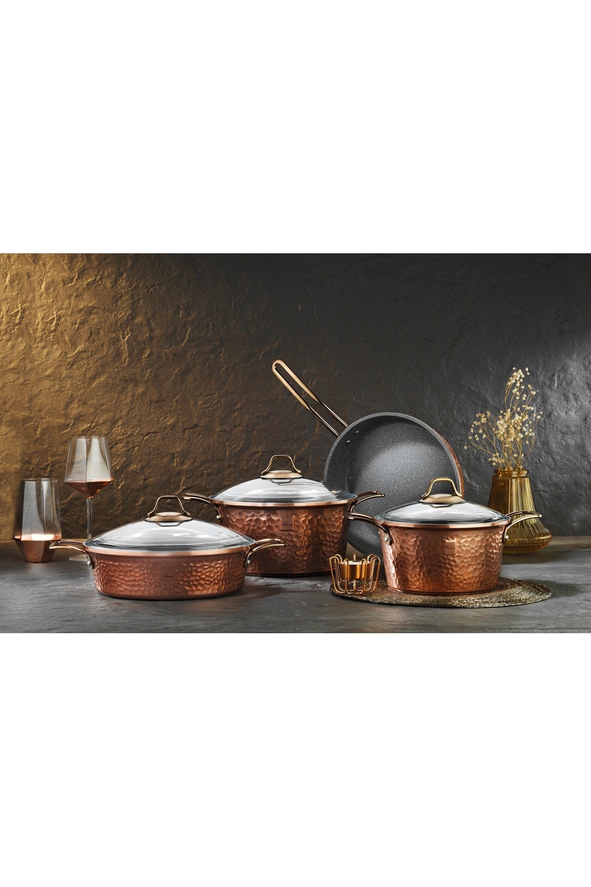 Brioni Copper 7 Parça Yanmaz Yapışmaz Bakır Görünümlü Granit Tencere Seti
