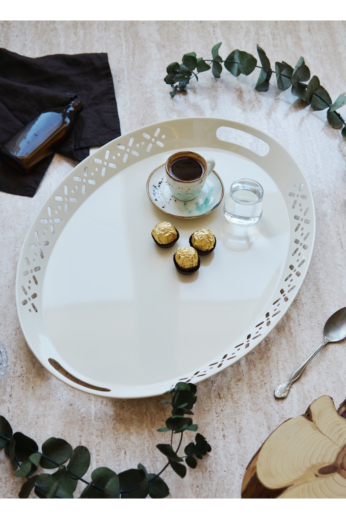 Evle Metal Oval Servis Tepsisi, Büyük Tepsi, Çay Kahve Tepsisi