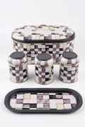 Evle 5 Parça Metal Mutfak Seti Ekmek Kutusu, Baton Tepsi ve 3'lü Saklama Kutusu Seti Smoked Checkers