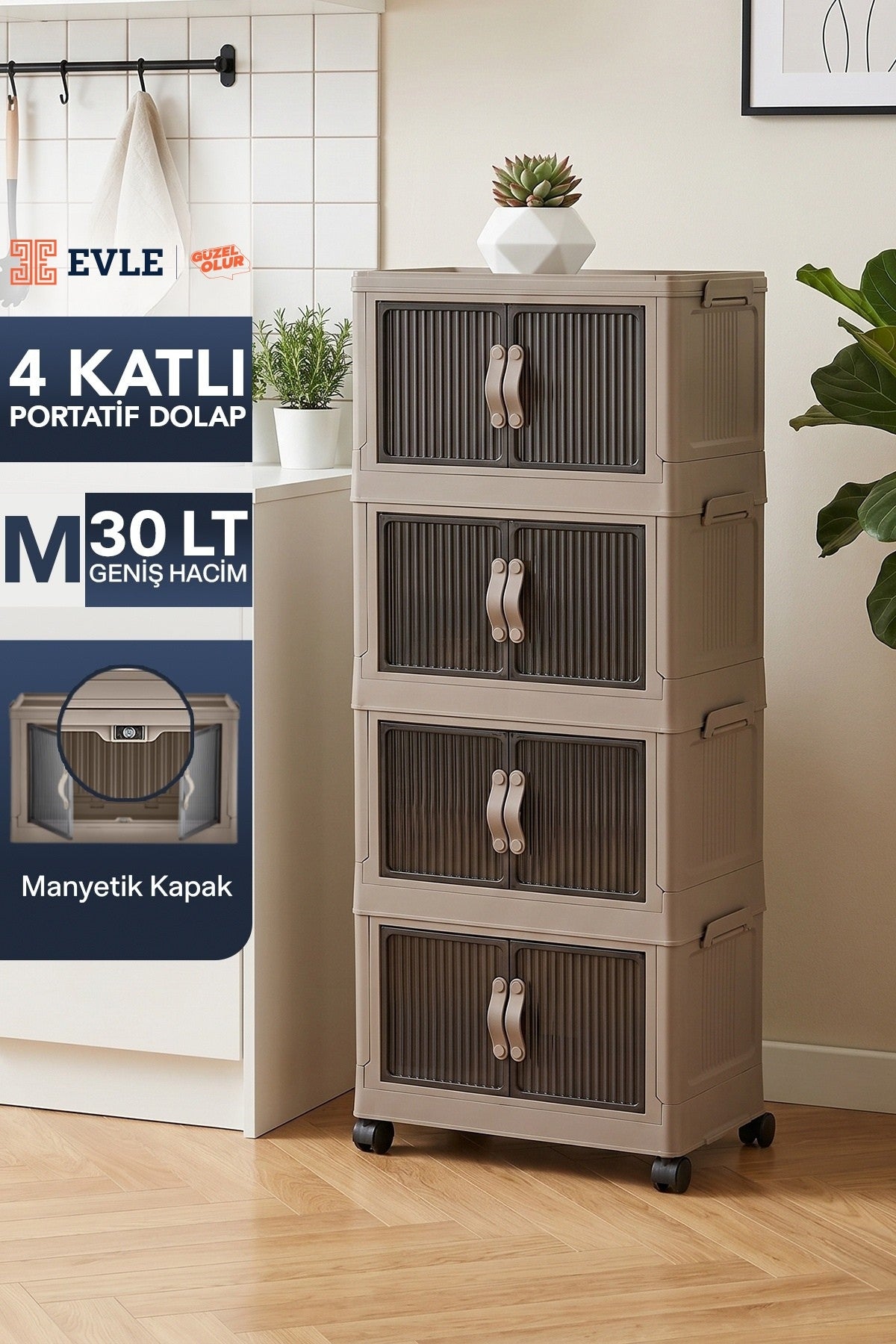 Evle Katlanabilir 4 Katlı "Medium" 30 LT Tekerlekli Manyetik Kapaklı Portatif Saklama Dolabı Toprak