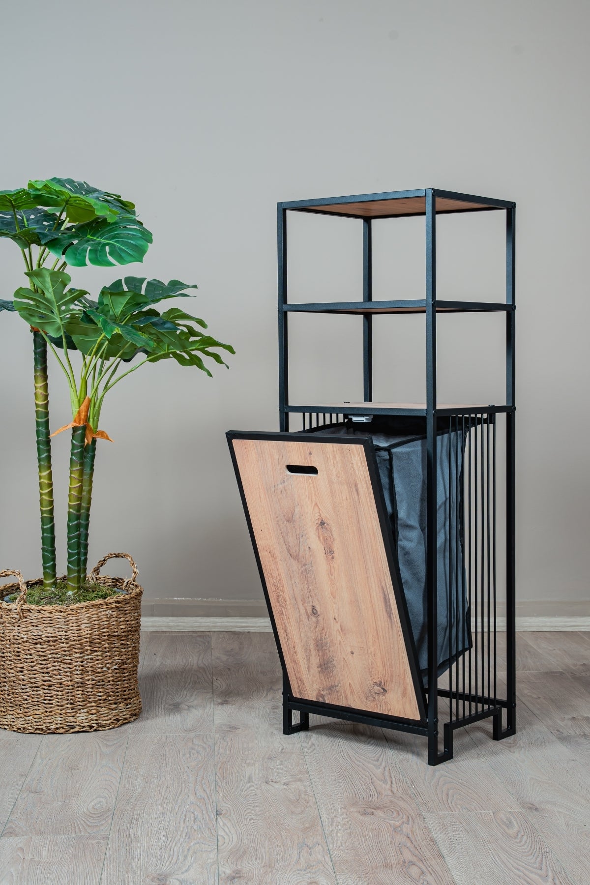 Evle Kirli Sepetli Banyo Dolabı 3 Raflı Metal Düzenleyici Modern Çamaşır Sepetli Organizer Raf