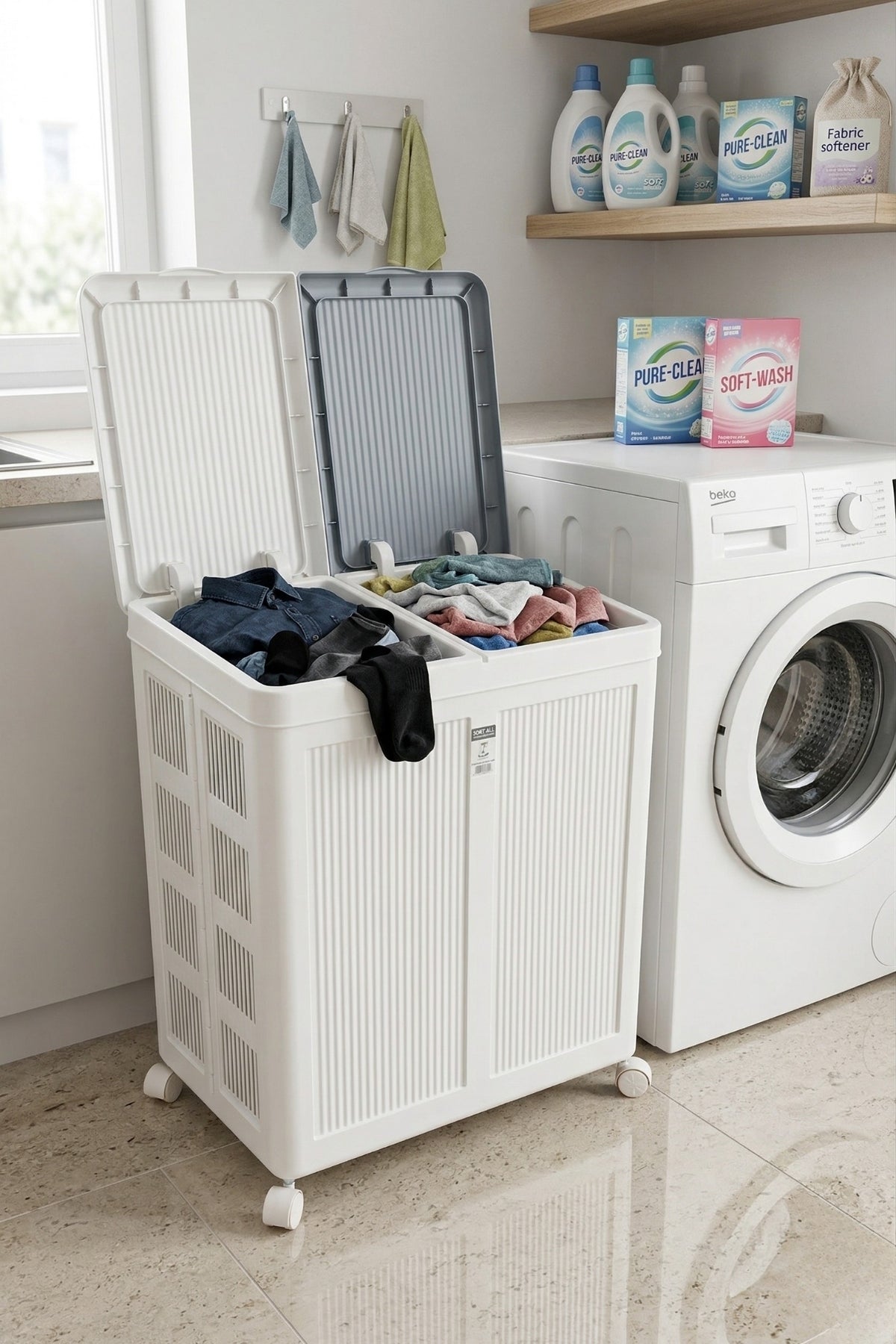 Evle 2 Bölmeli Tekerlekli 50 + 50 litre Kapaklı Çamaşır Sepeti, Kirli Sepeti / Gri