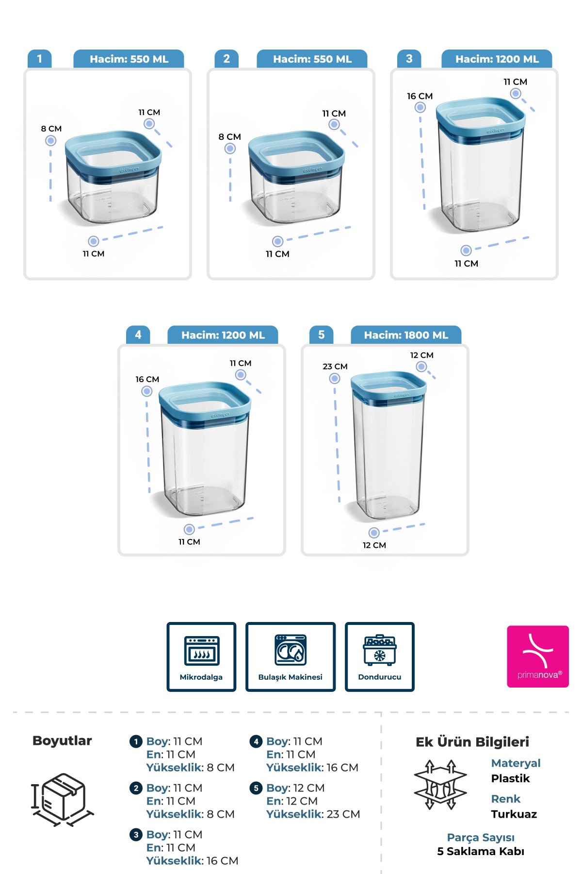 Primanova M-SKS04-16-02 Seoul Kuru Gıda 5Li Saklama Kabı Seti (2*550Ml + 2*1200Ml + 1800Ml)