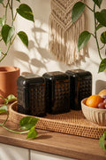 Evle 3'lü Set Kabartmalı Metal Saklama Kabı 1.3 lt Erzak Kutusu 10.8x10.8x11.8 cm Siyah