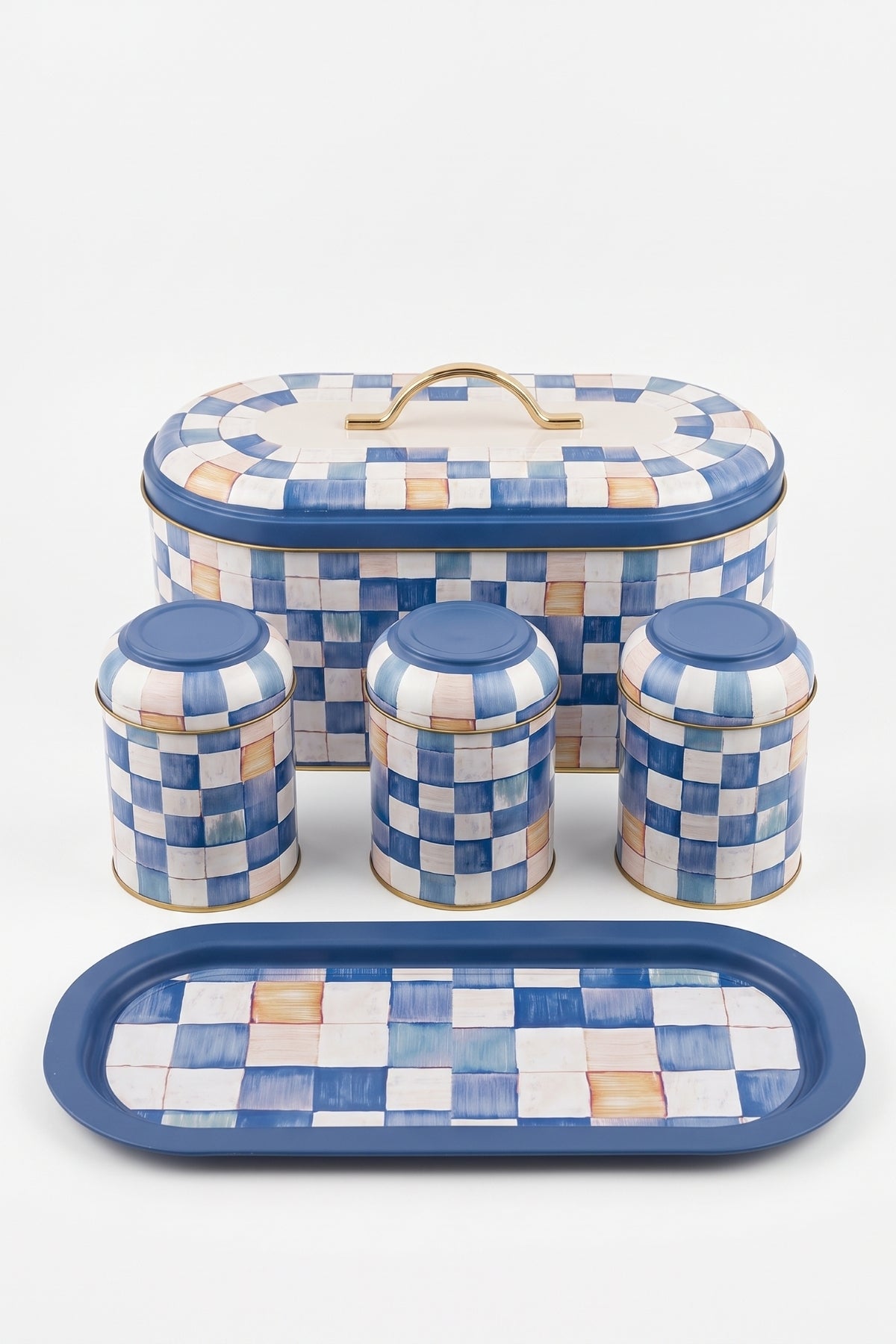 Evle 5 Parça Metal Mutfak Seti Ekmek Kutusu, Baton Tepsi ve 3'lü Saklama Kutusu Seti Blue Checkers