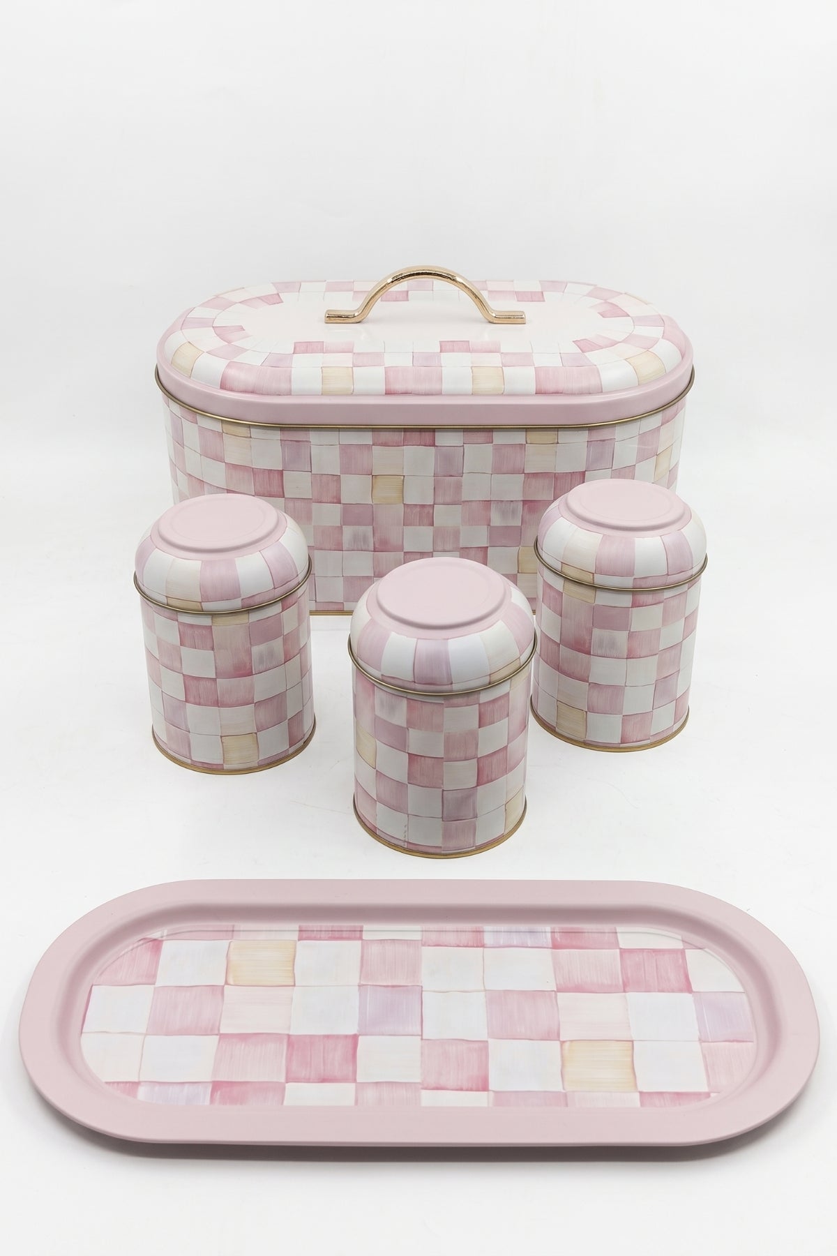 Evle 5 Parça Metal Mutfak Seti Ekmek Kutusu, Baton Tepsi ve 3'lü Saklama Kutusu Seti Pink Checkers