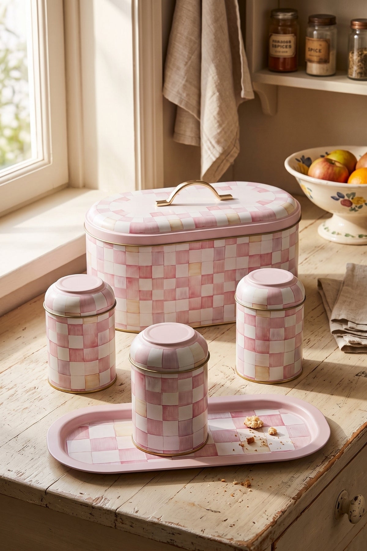 Evle 5 Parça Metal Mutfak Seti Ekmek Kutusu, Baton Tepsi ve 3'lü Saklama Kutusu Seti Pink Checkers