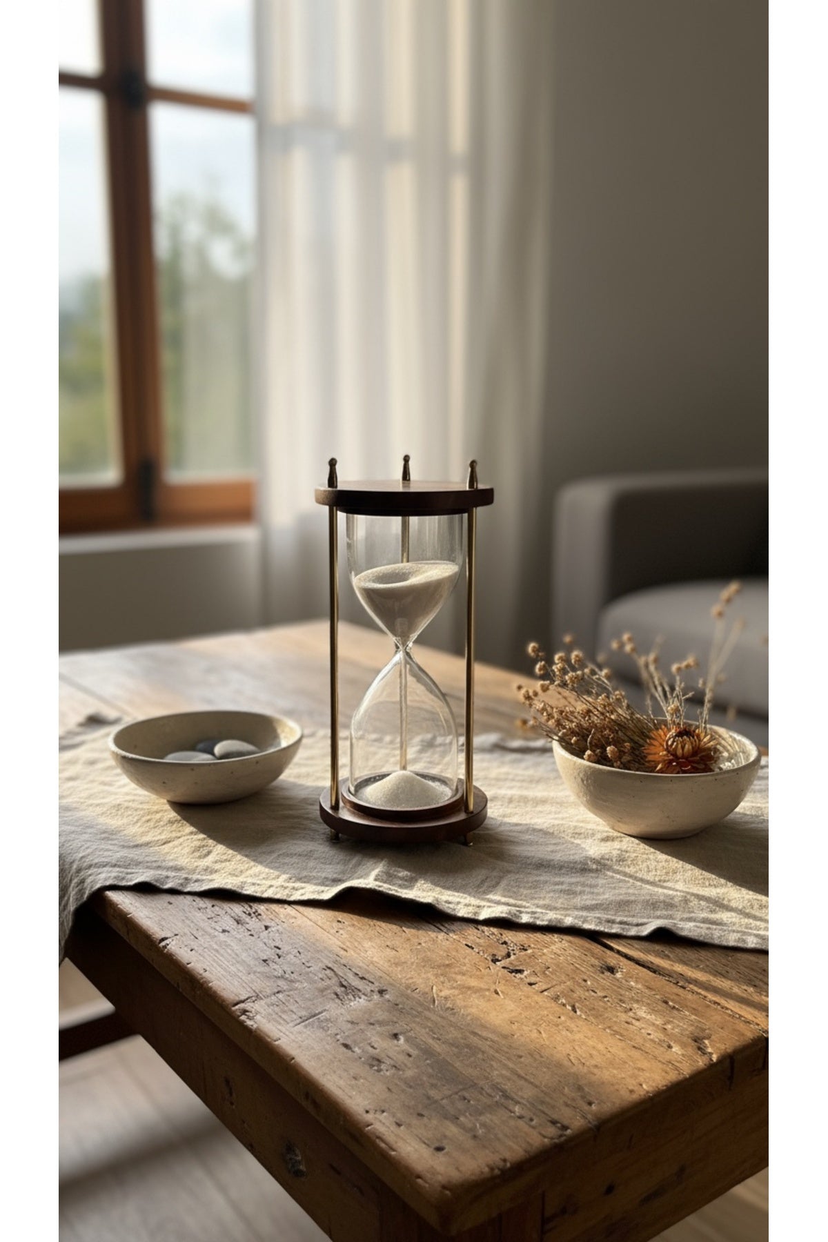 Evle Ahşap Kaideli Dekoratif Kum Saati 14 cm Beyaz Kumlu Altın Rengi Metal Lüks Vintage Ofis Hediyelik