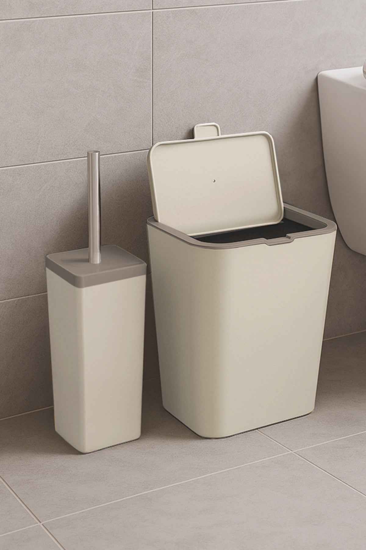 Primanova Flip 2'li Banyo Seti Çöp kovası Tuvalet Fırçası - Bej