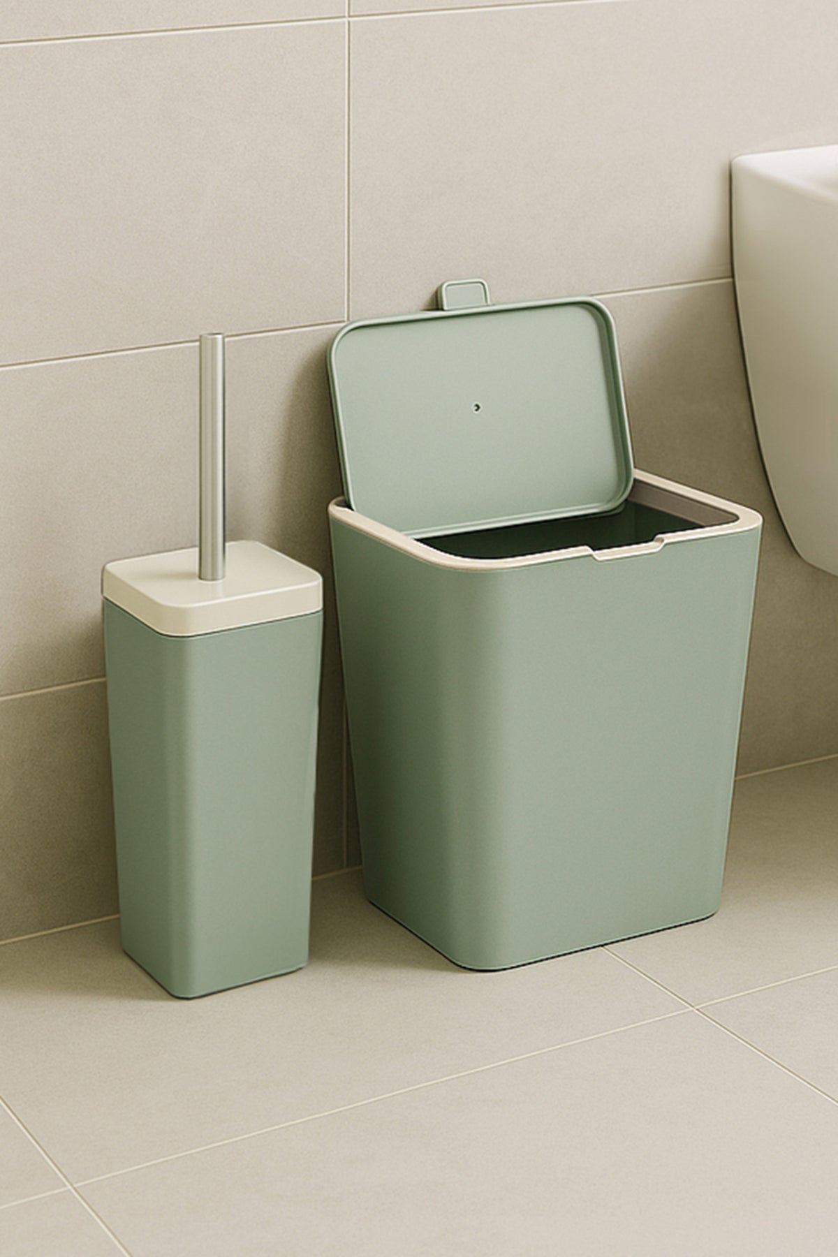 Primanova Flip 2'li Banyo Seti Çöp kovası Tuvalet Fırçası - Yeşil