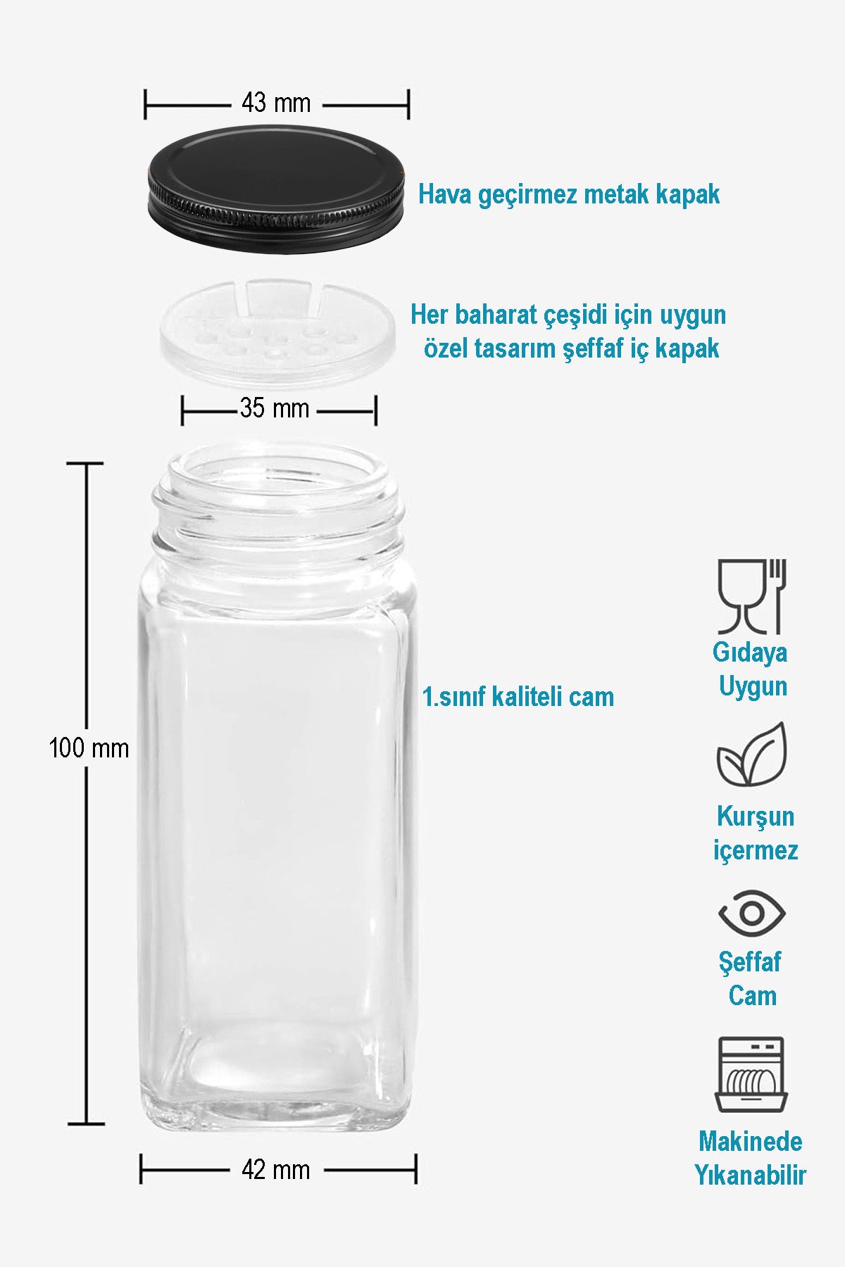 Mienda Home 2'li Cam Baharatlık Seti Kapaklı Siyah Etiketli Baharatlık Takımı