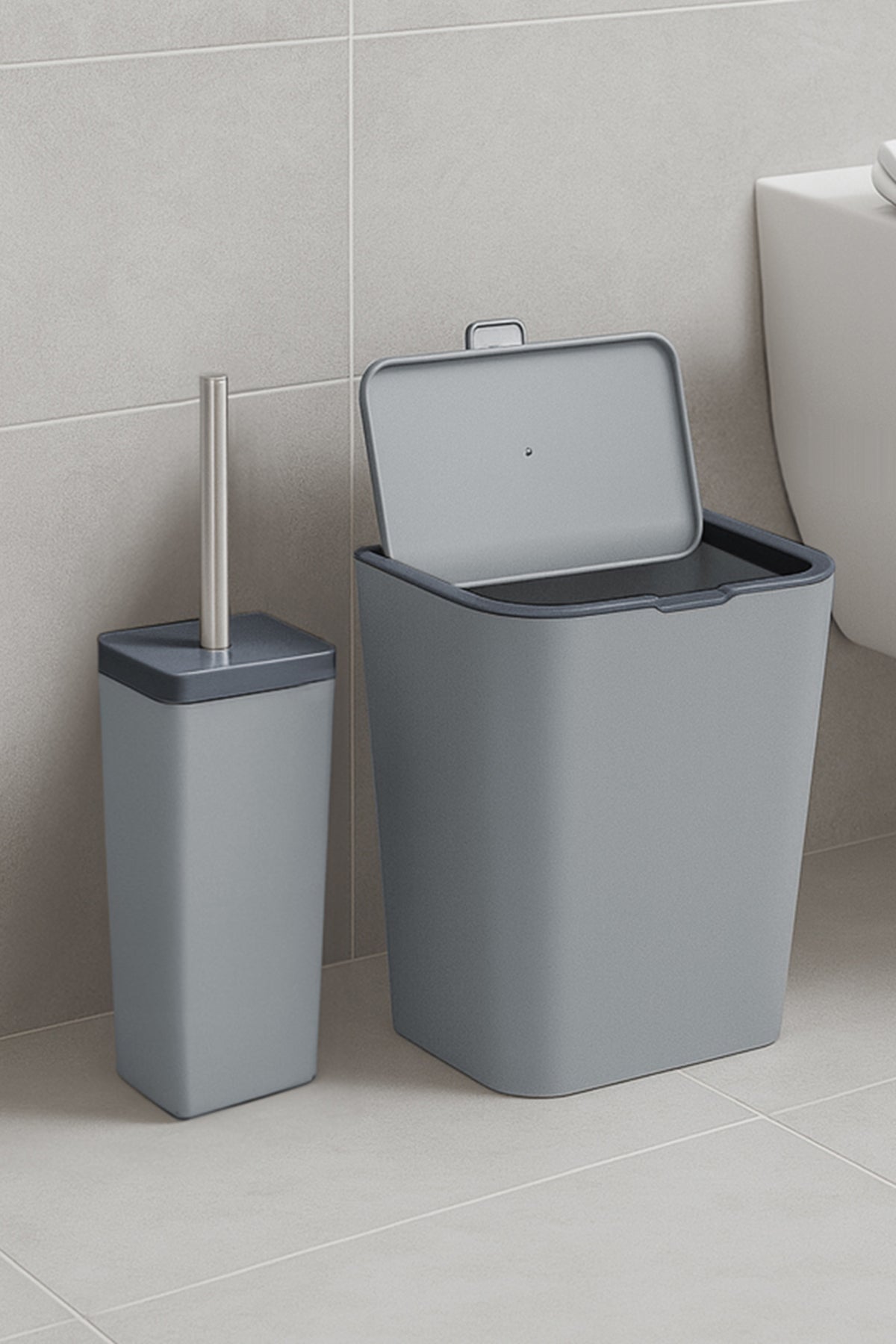 Primanova Flip 2'li Banyo Seti Çöp kovası Tuvalet Fırçası - Gri