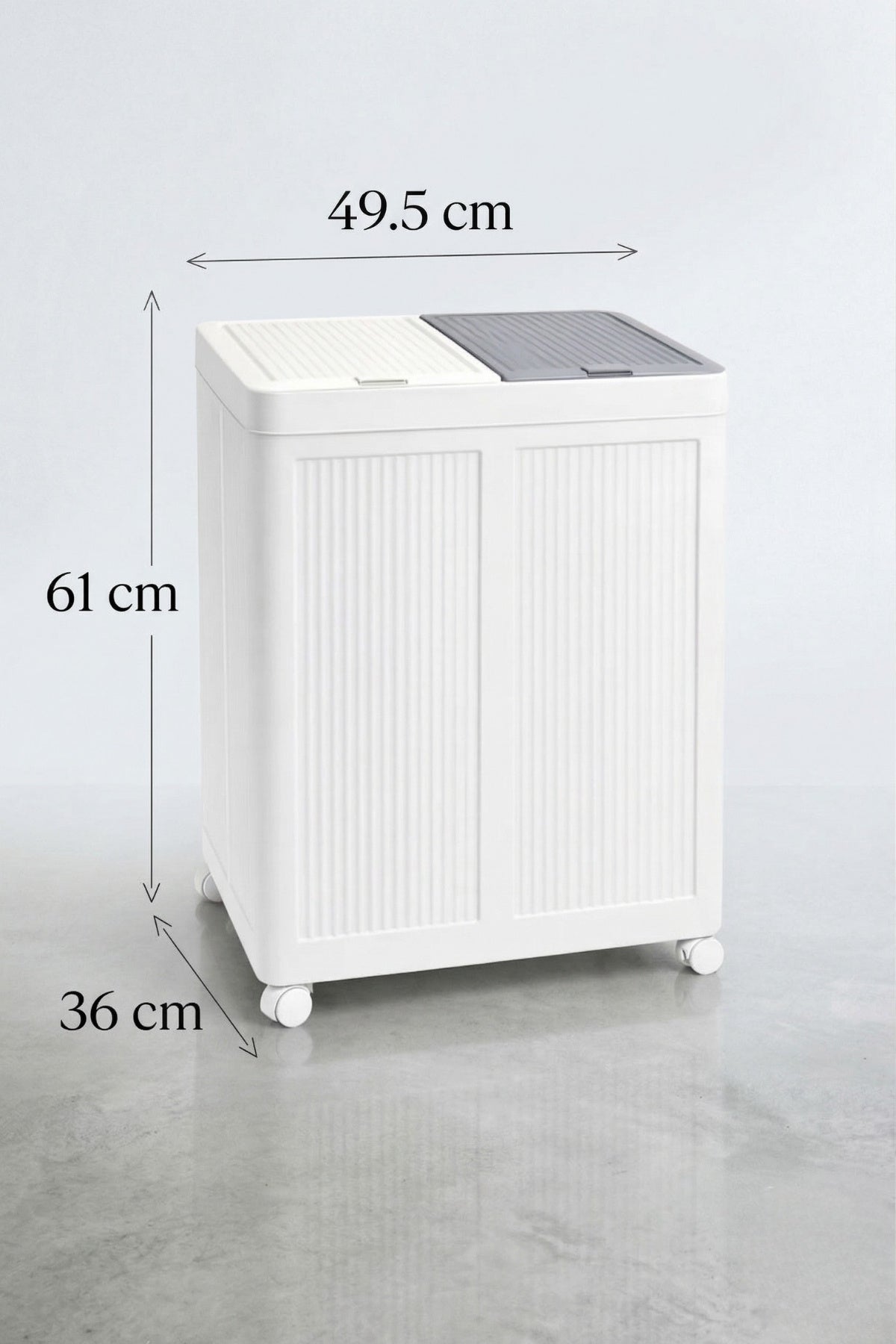 Evle 2 Bölmeli Tekerlekli 50 + 50 litre Kapaklı Çamaşır Sepeti, Kirli Sepeti / Gri