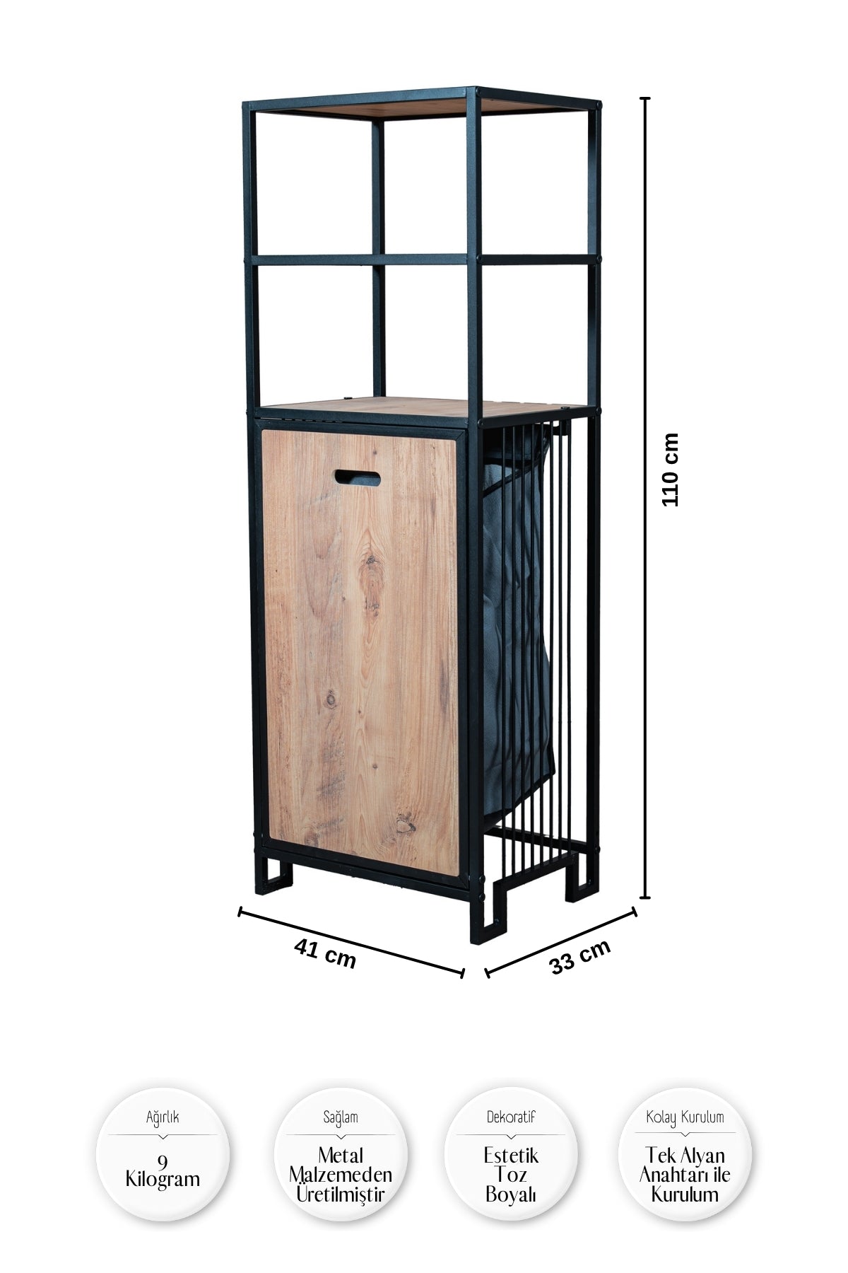 Evle Kirli Sepetli Banyo Dolabı 3 Raflı Metal Düzenleyici Modern Çamaşır Sepetli Organizer Raf