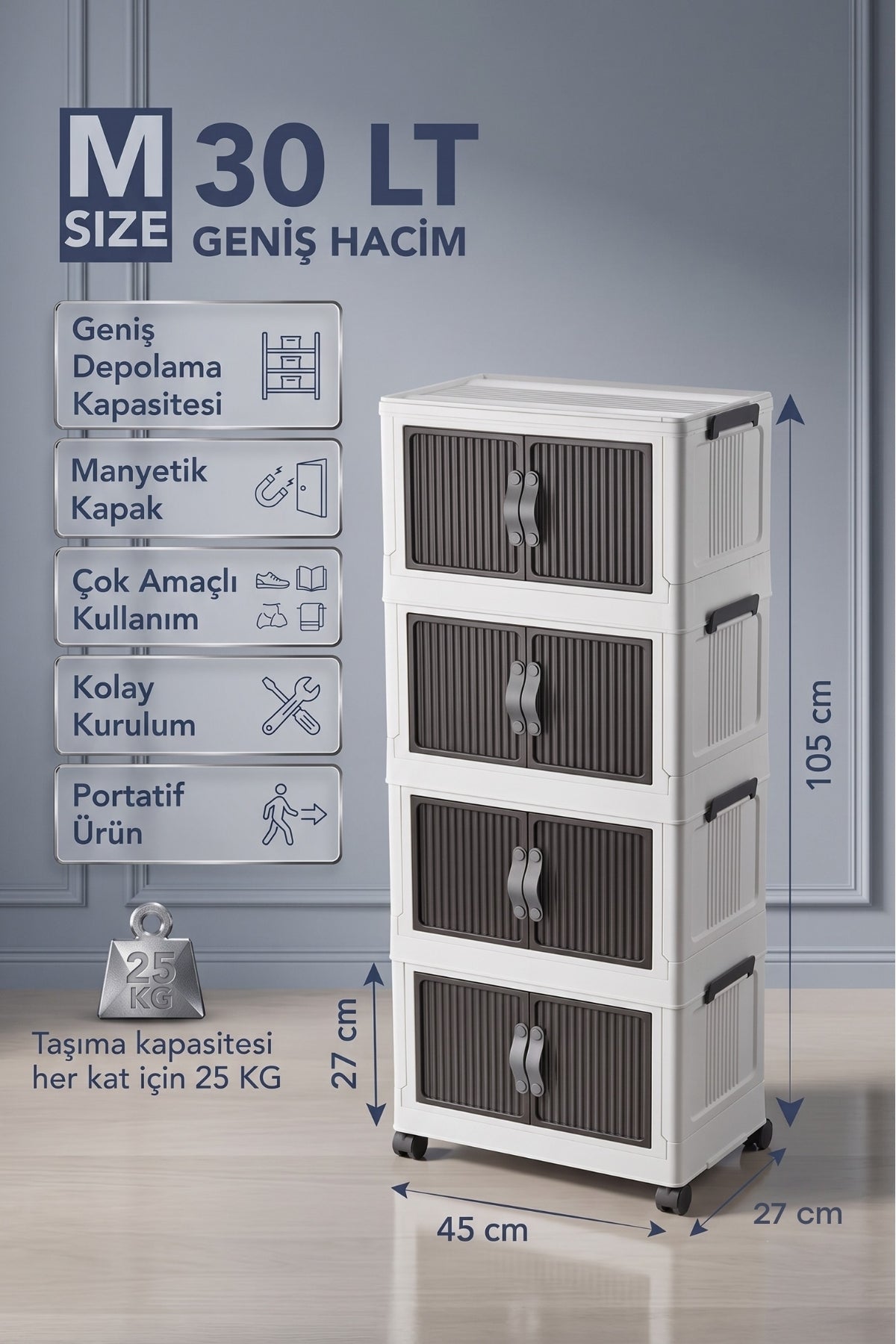 Evle Katlanabilir 4 Katlı "Medium" 30 LT Tekerlekli Manyetik Kapaklı Portatif Saklama Dolabı Toprak