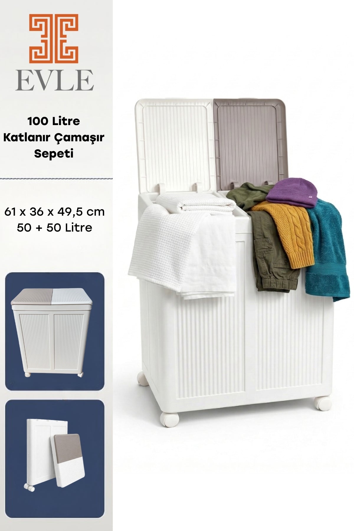 Evle 2 Bölmeli Tekerlekli 50 + 50 litre Kapaklı Çamaşır Sepeti, Kirli Sepeti / Gri