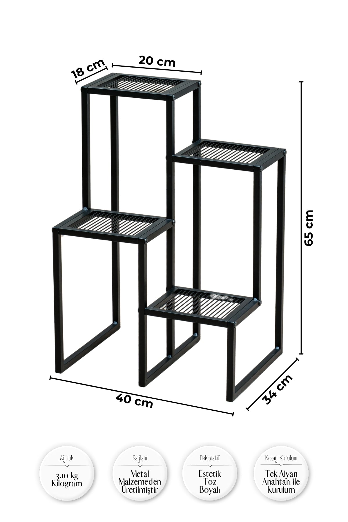 Evle 4 Katlı Kademeli Metal Çiçeklik, Modern Saksılık, Balkon ve Salon için Dekoratif Saksı Standı