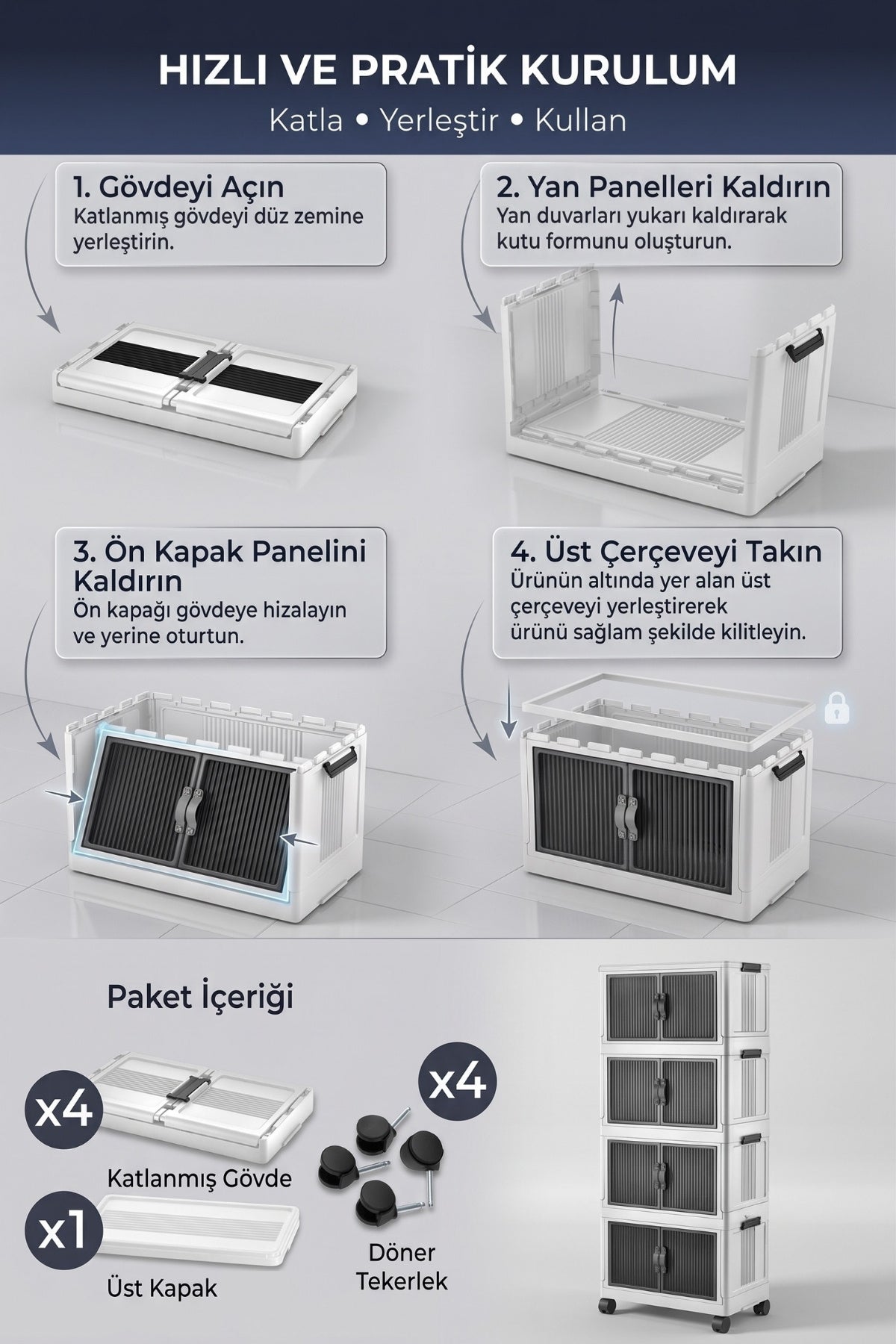 Evle Katlanabilir 4 Katlı "Medium" 30 LT Tekerlekli Manyetik Kapaklı Portatif Saklama Dolabı Toprak