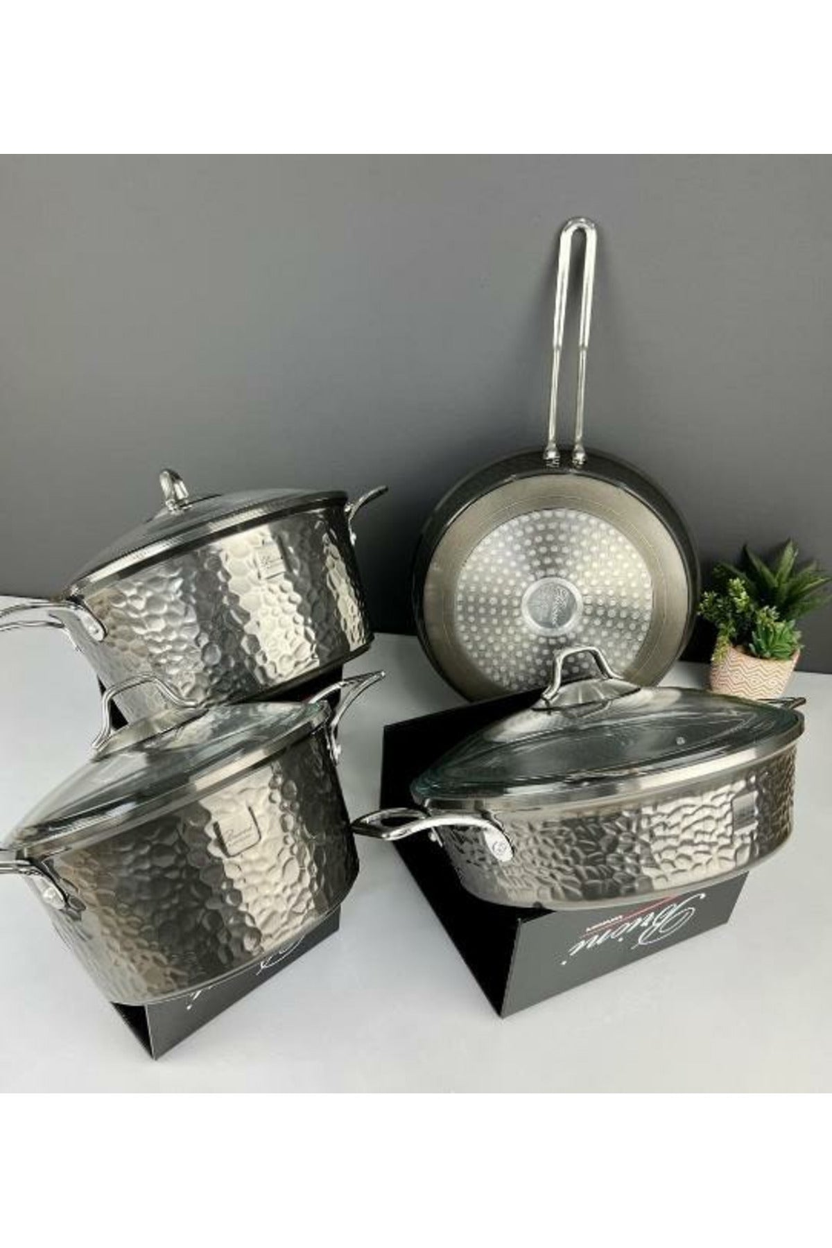 Brioni Copper 7 Parça Yanmaz Yapışmaz Bakır Görünümlü Granit Tencere Seti