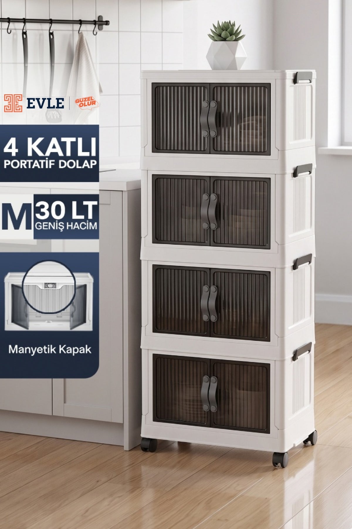 Evle Katlanabilir 4 Katlı "Medium" 30 LT Tekerlekli Manyetik Kapaklı Portatif Saklama Dolabı Toprak
