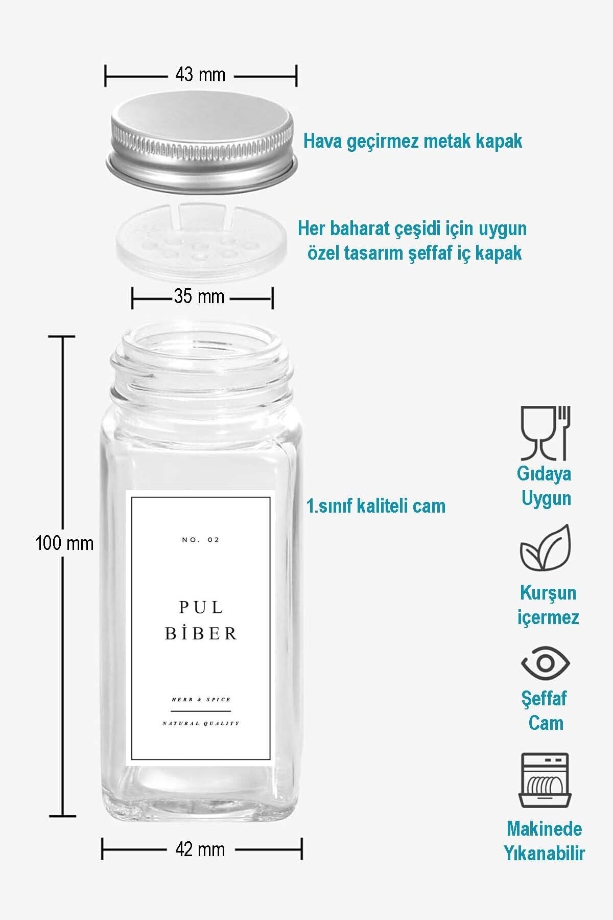 6'lı Cam Baharatlık Seti Gümüş Kapak Ve Beyaz Etiketli Baharatlık