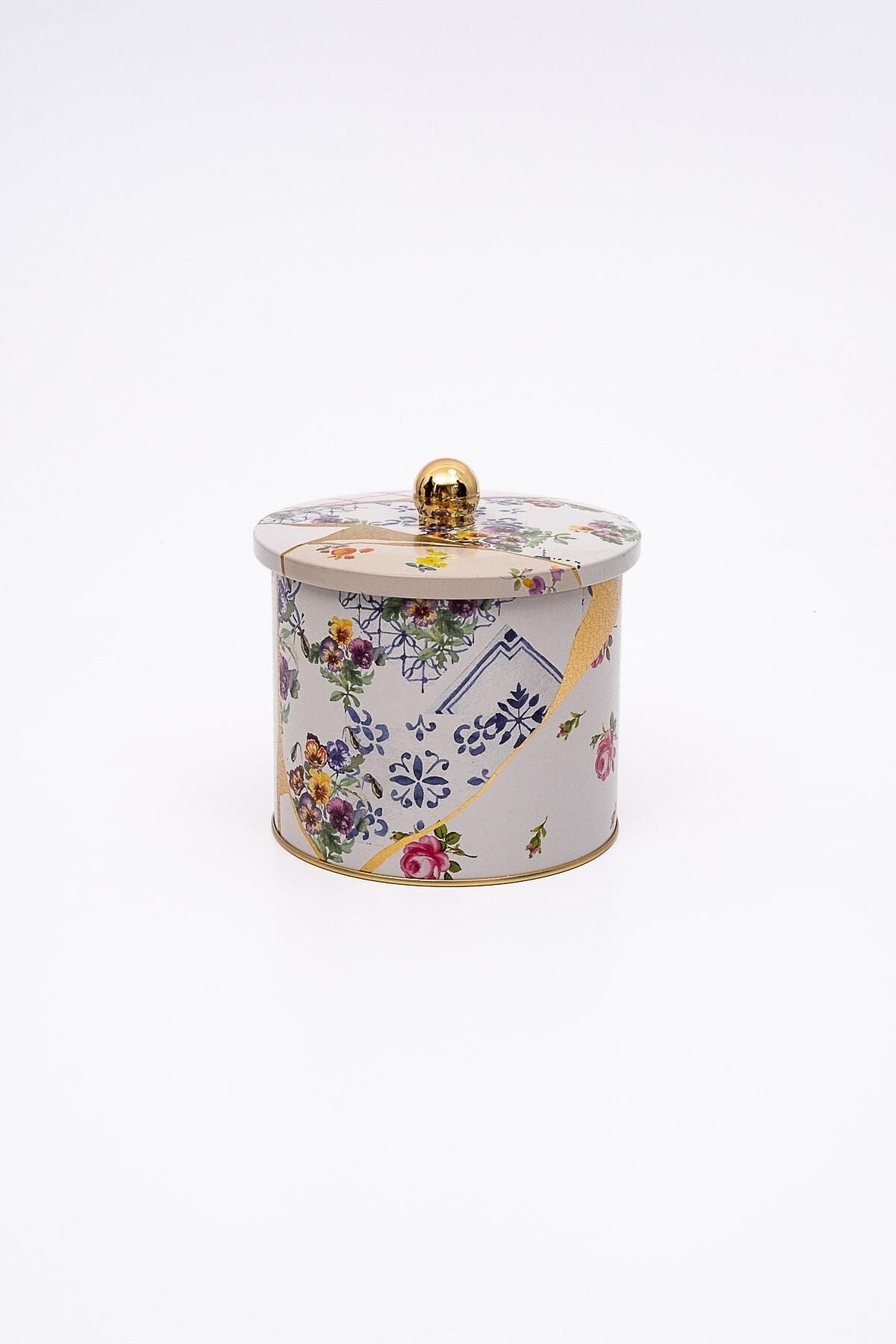 Kint Sugi Desenli Yuvarlak Metal Saklama Kabı, Erzak Saklama Kabı 14 Cm X 12,5 Cm Er142-4i