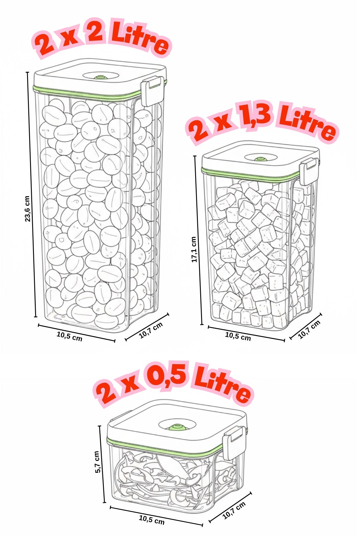 Şarjlı Vakum 6 Parça Saklama Kabı Seti 2 lt + 1,3 lt + 0,5 lt