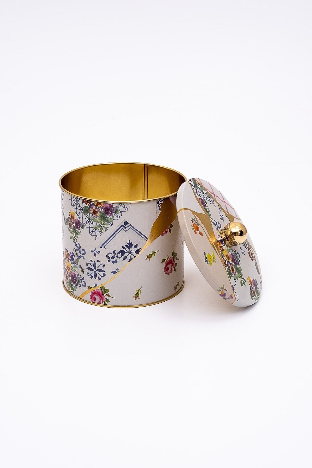 Kint Sugi Desenli Yuvarlak Metal Saklama Kabı, Erzak Saklama Kabı 14 Cm X 12,5 Cm Er142-4i