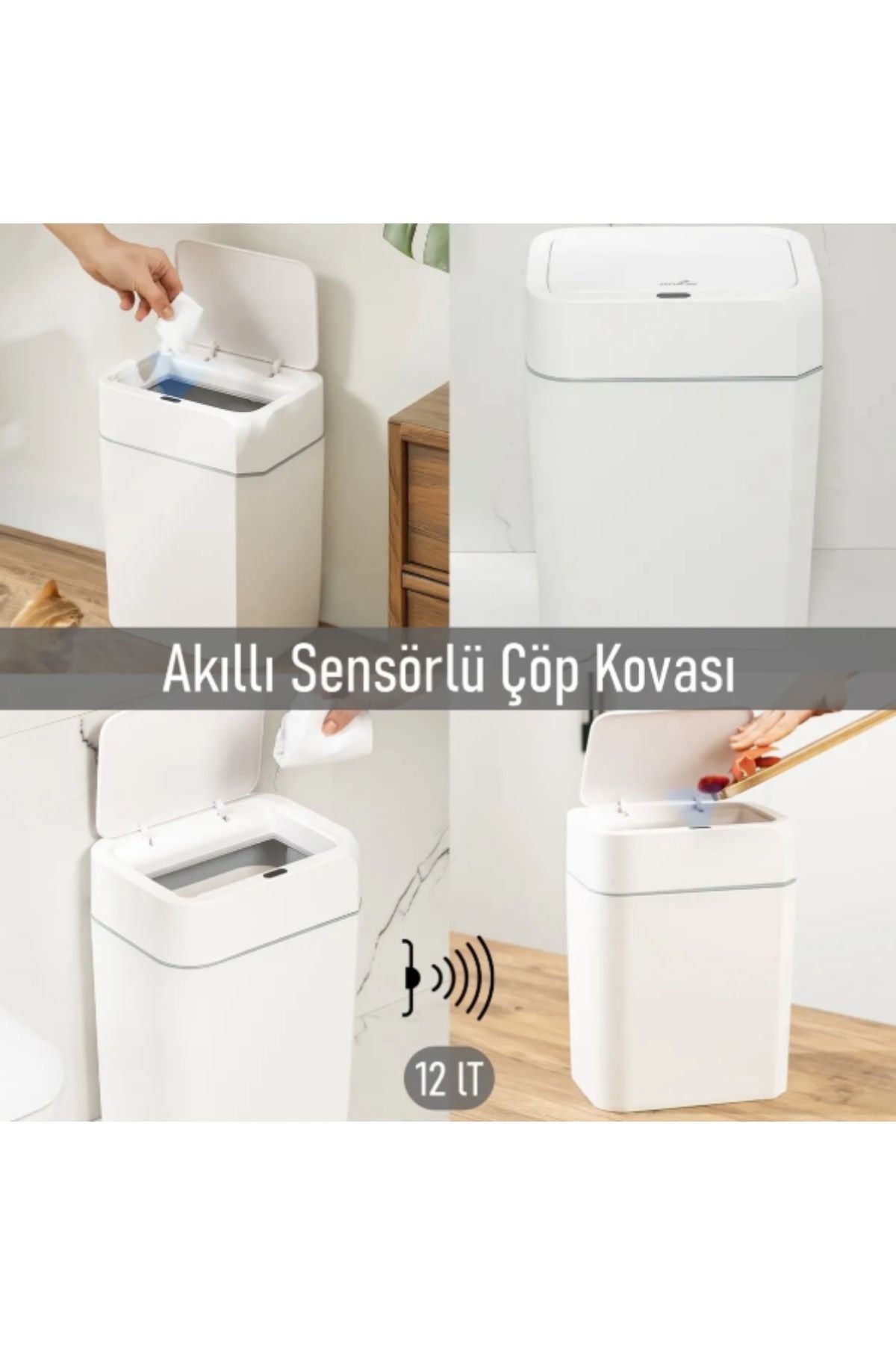 Otomatik Kapak Açan Sensörlü Lüks Çöp Kovası 12 lt, 23,5 x 17,5 x 31,8 cm