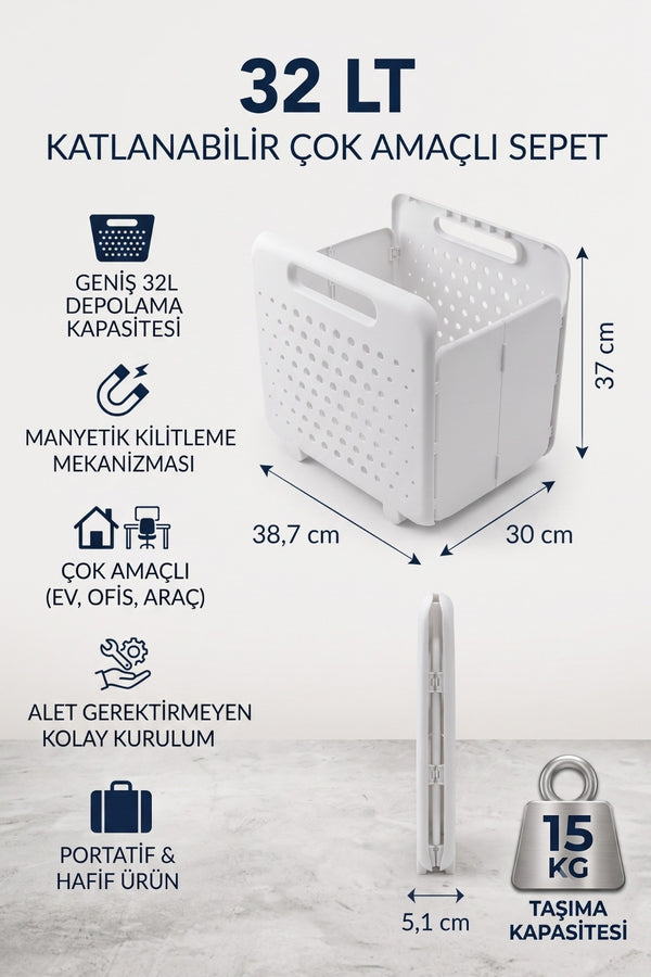 Evle Katlanabilir Çok Amaçlı Saklama Sepeti Manyetik Kilitli Yer Kaplamayan Organizer 32 L Beyaz