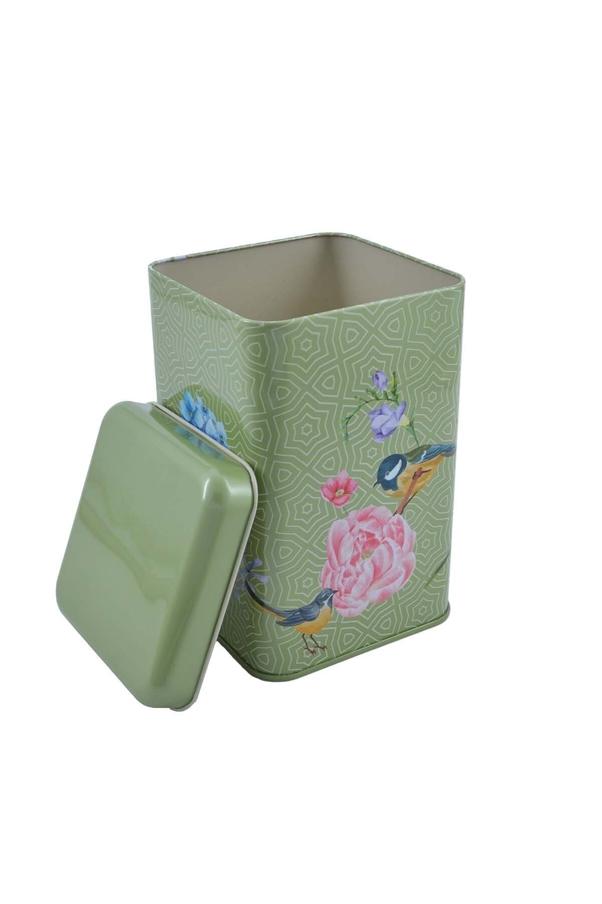 Ef022-d7 Blooming Green Desenli Kare Metal Saklama Kabı 11x11 Cm