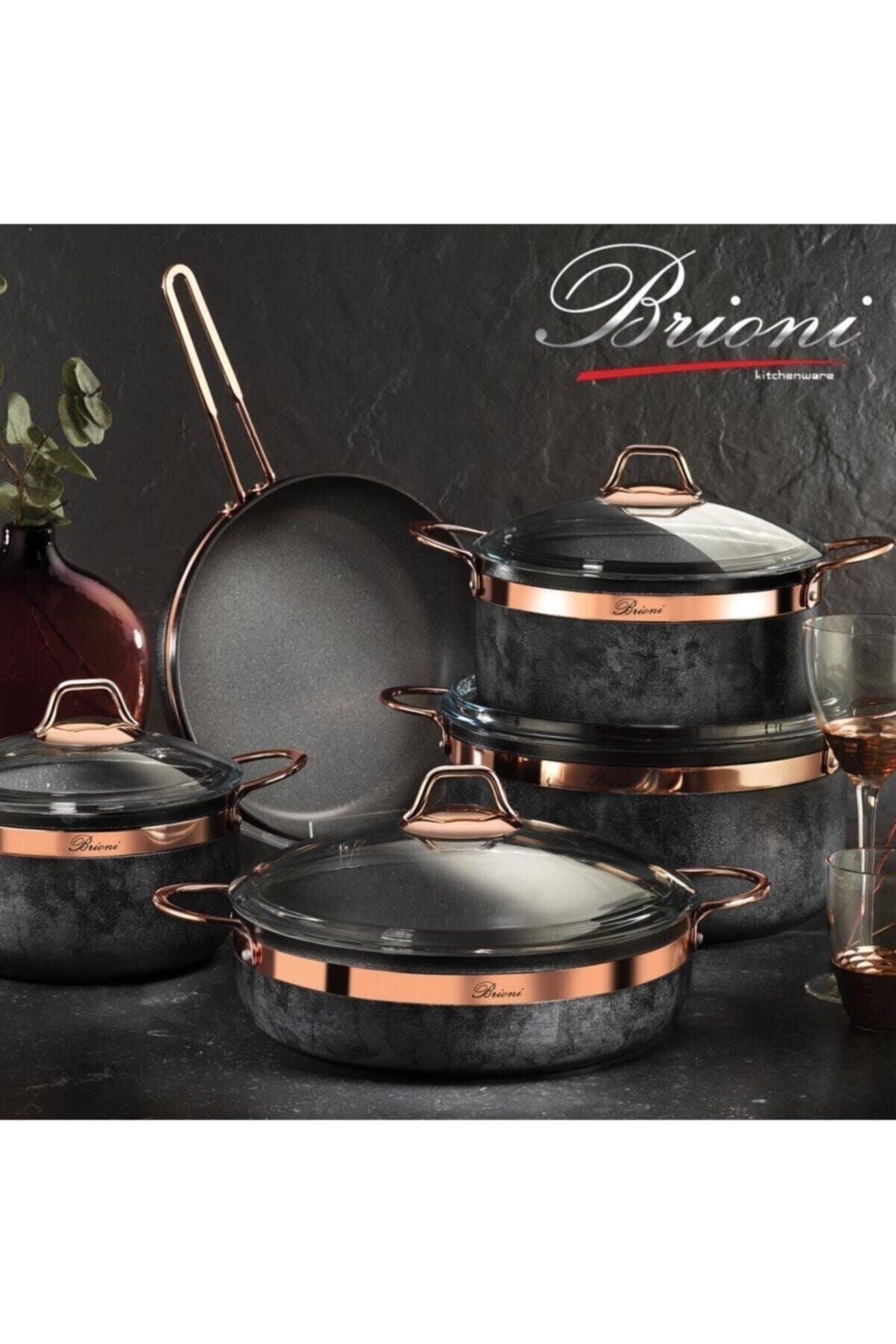 Brioni Royal Stone 9 Parça Antrasit&bakır Taş Granit Tencere Seti