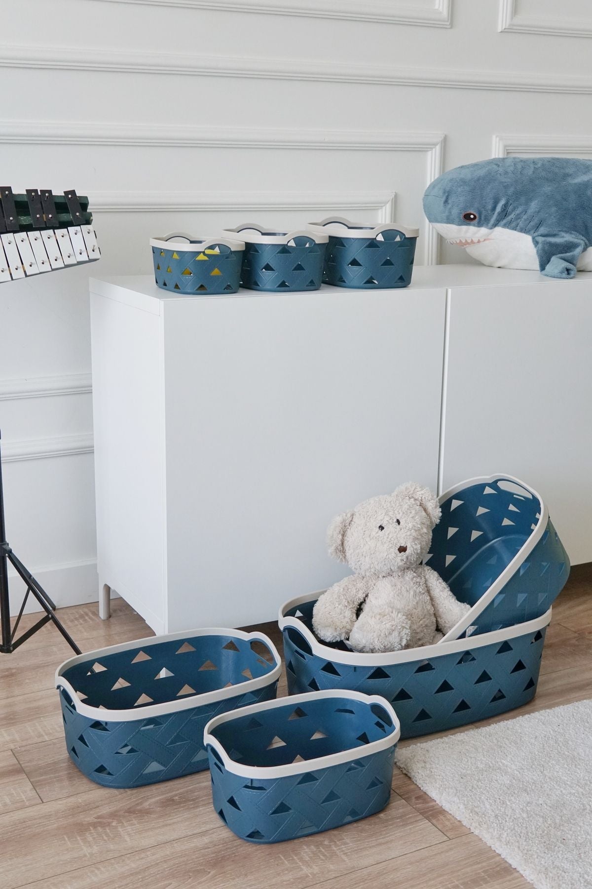 Deri Desenli Saklama ve Düzenleme Sepet Takımı (7’li), Mavi